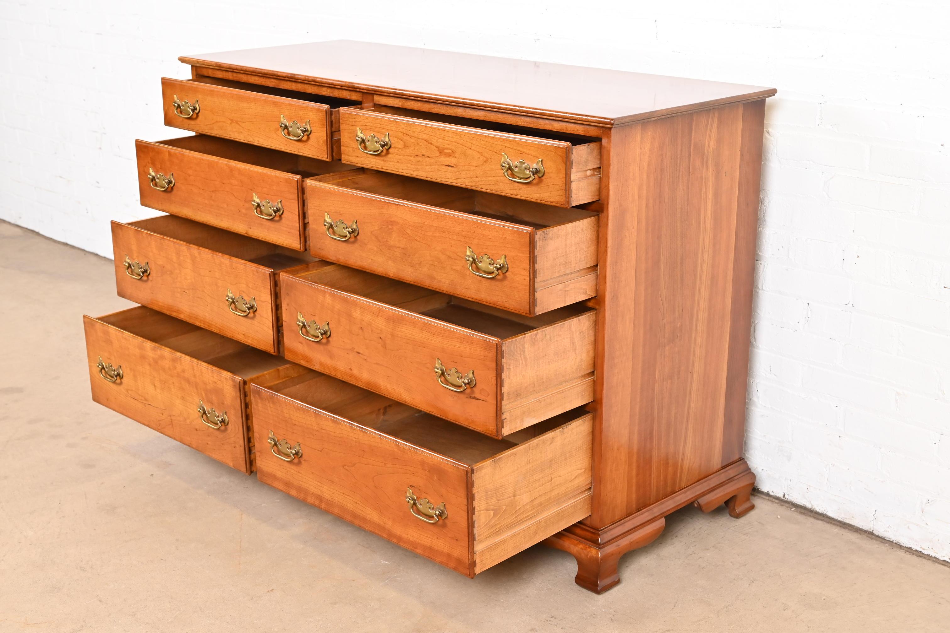 Brass L. & J. G. Stickley Georgian Solid Cherry Wood Eight-Drawer Double Dresser For Sale