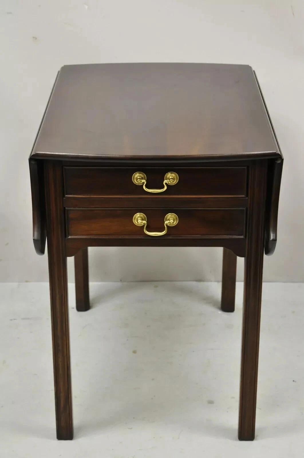 Vintage L & J G Stickley Georgian Solid Mahogany Drop Leaf Pembroke Lamp Side Table. Item features solid wood construction, beautiful wood grain, finished back, original label, 2 dovetailed drawers, quality American craftsmanship, great style and