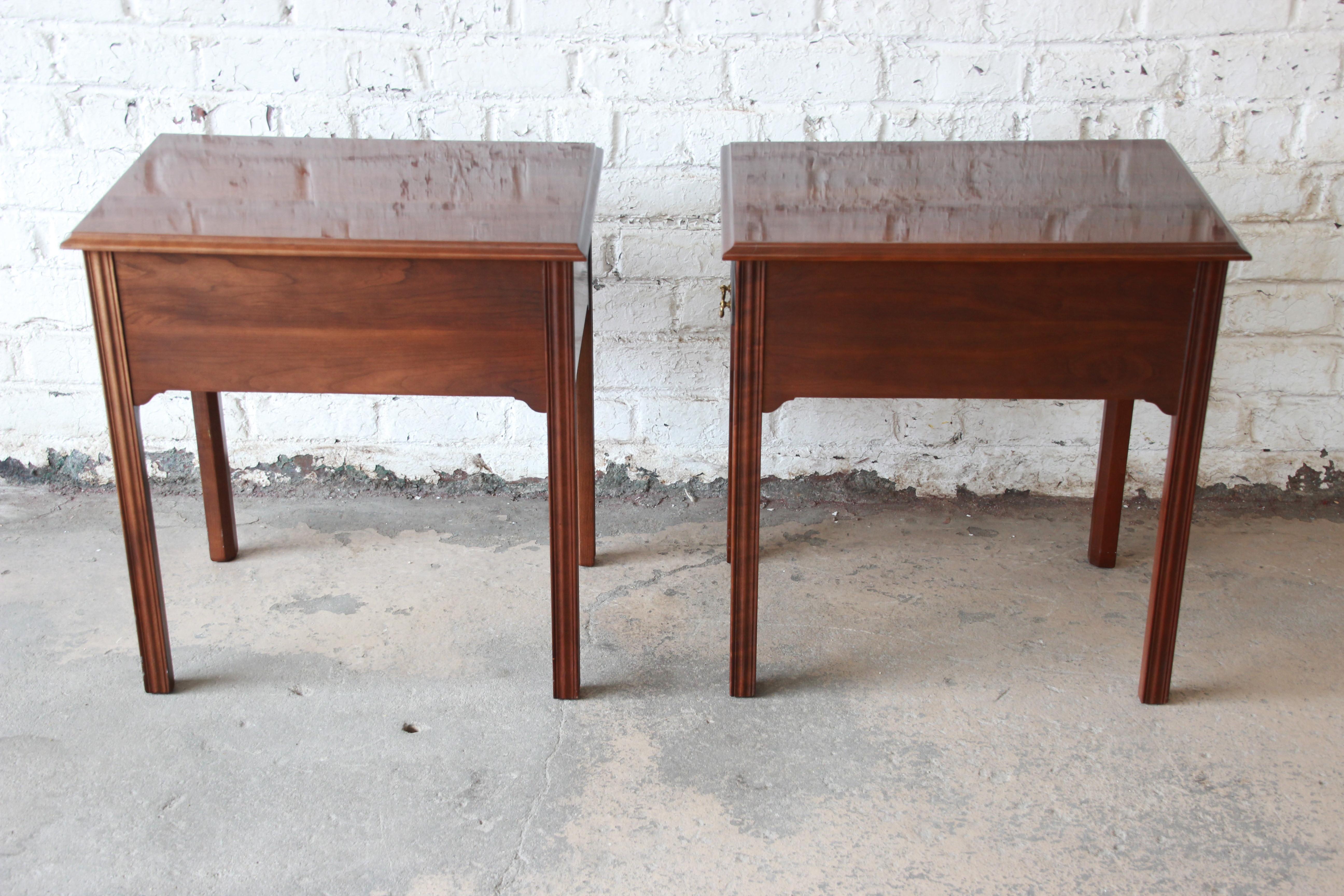 Late 20th Century L. & J. G. Stickley Georgian Style Cherrywood Nightstands or End Tables, Pair
