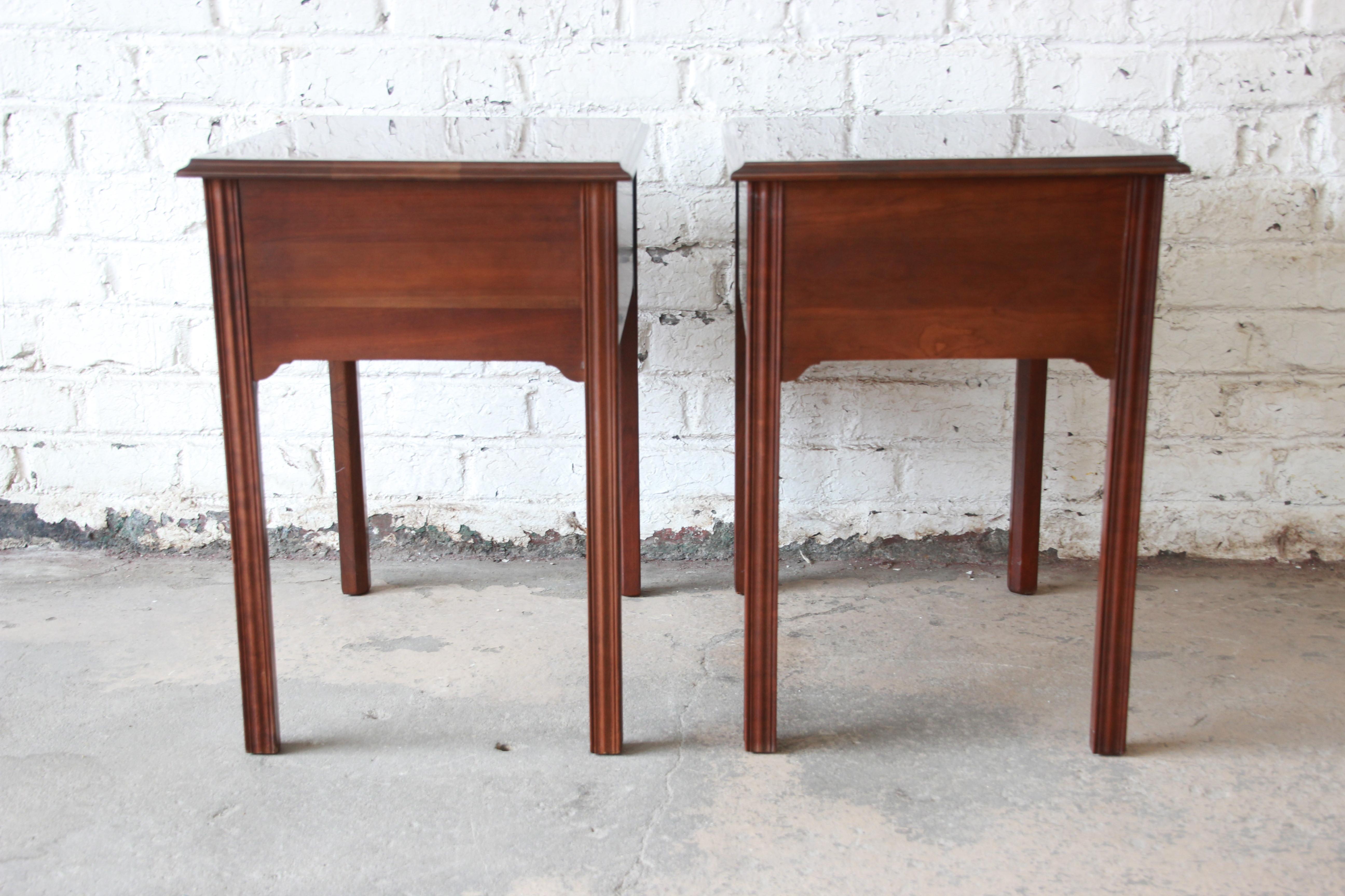 Brass L. & J. G. Stickley Georgian Style Cherrywood Nightstands or End Tables, Pair