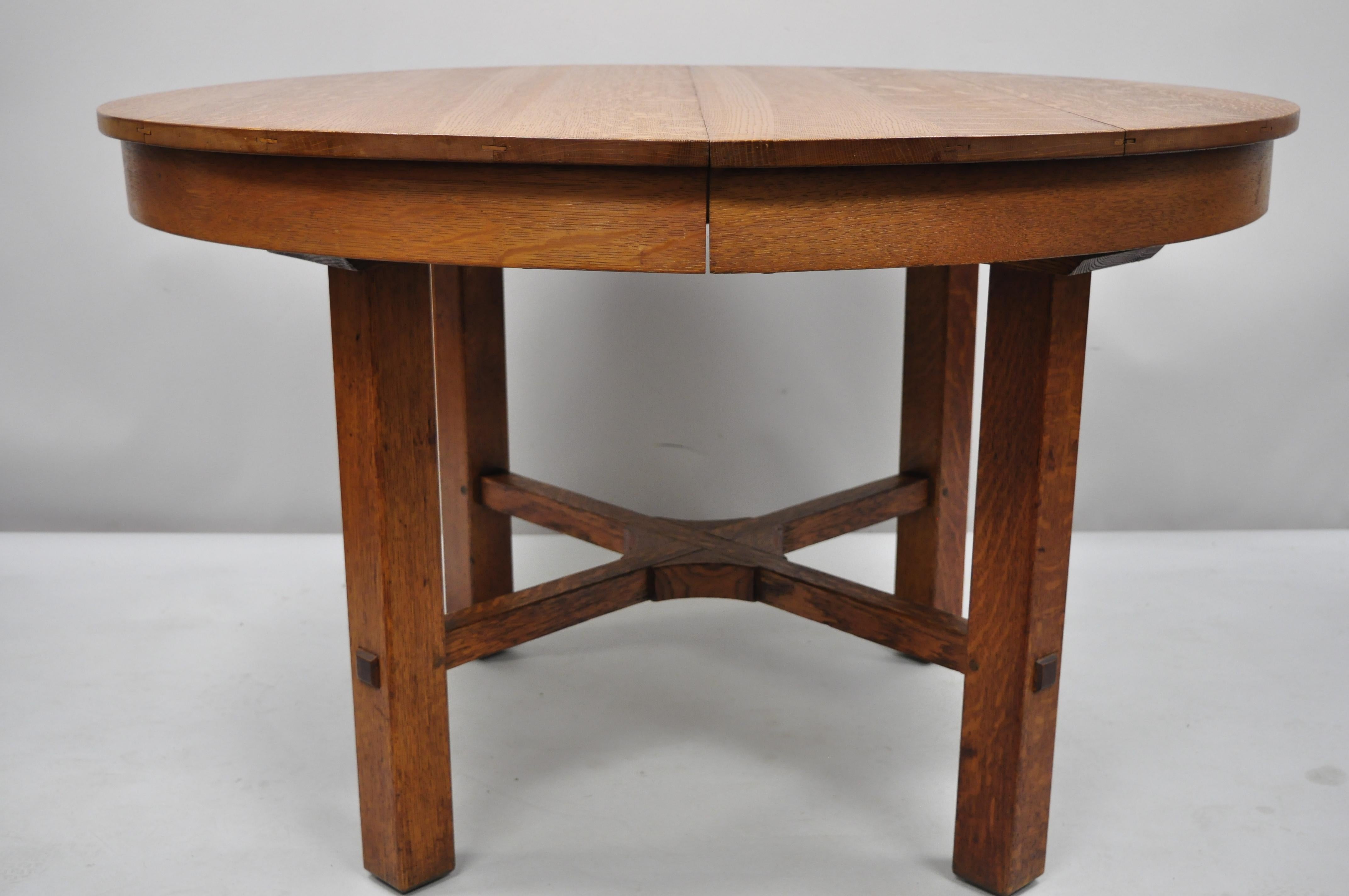L & J.G. Stickley Round Dining Table Mission Oak Arts & Crafts 2 Leaves 3