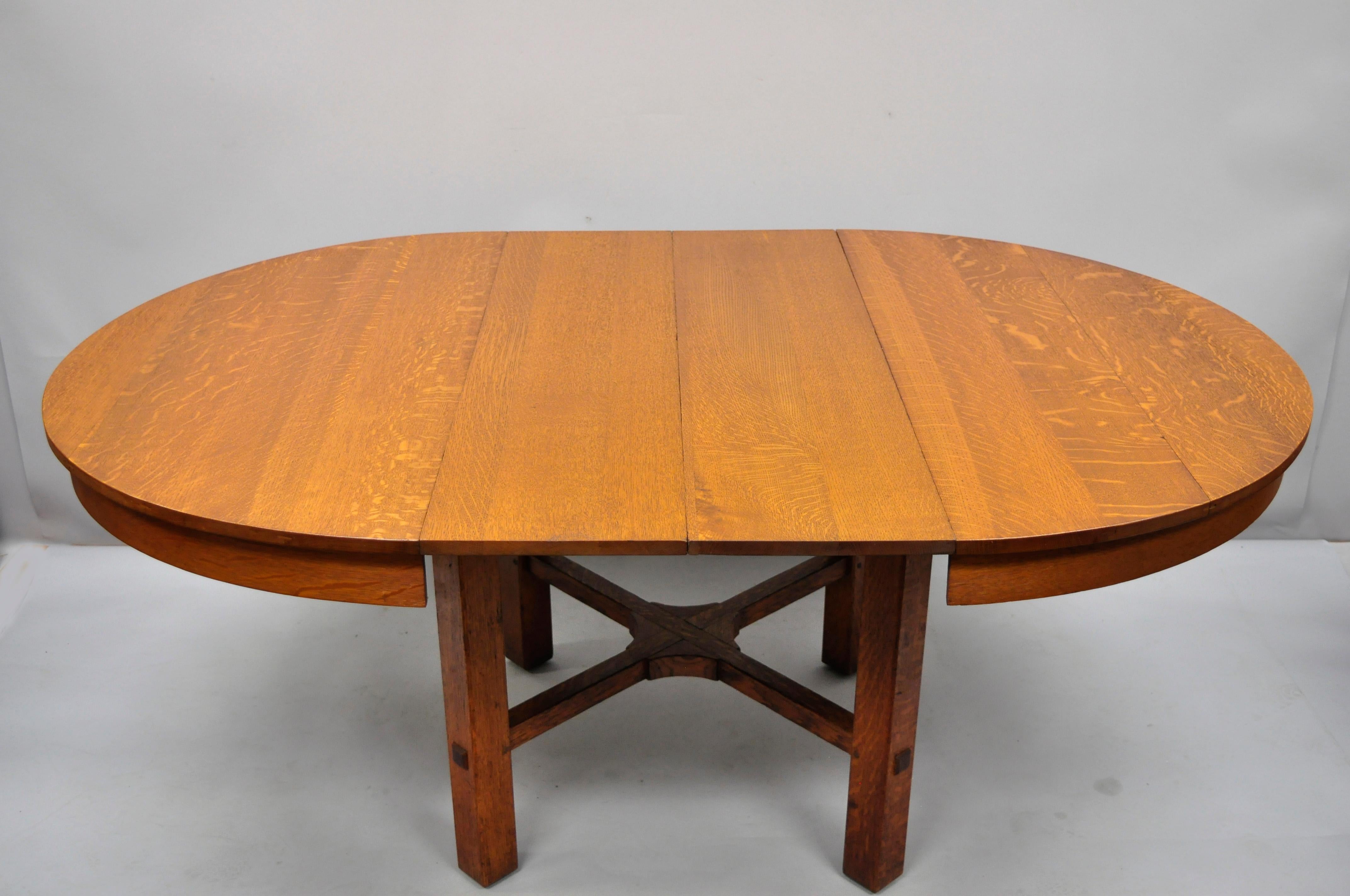 L & J.G. Stickley Round Dining Table Mission Oak Arts & Crafts 2 Leaves 4