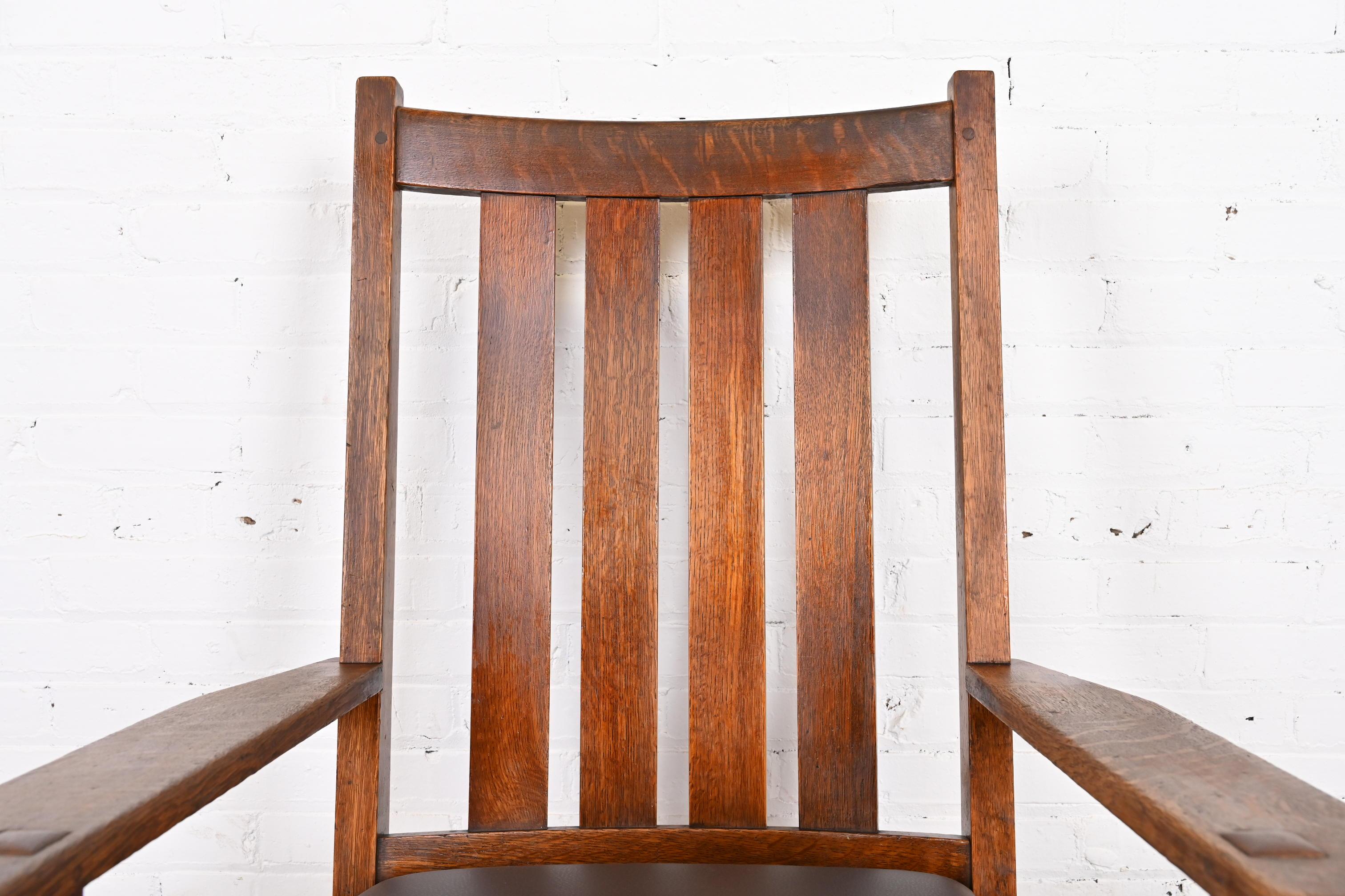 Leather L. & J.G. Stickley Antique Mission Oak Arts & Crafts Rocking Chair, Circa 1900