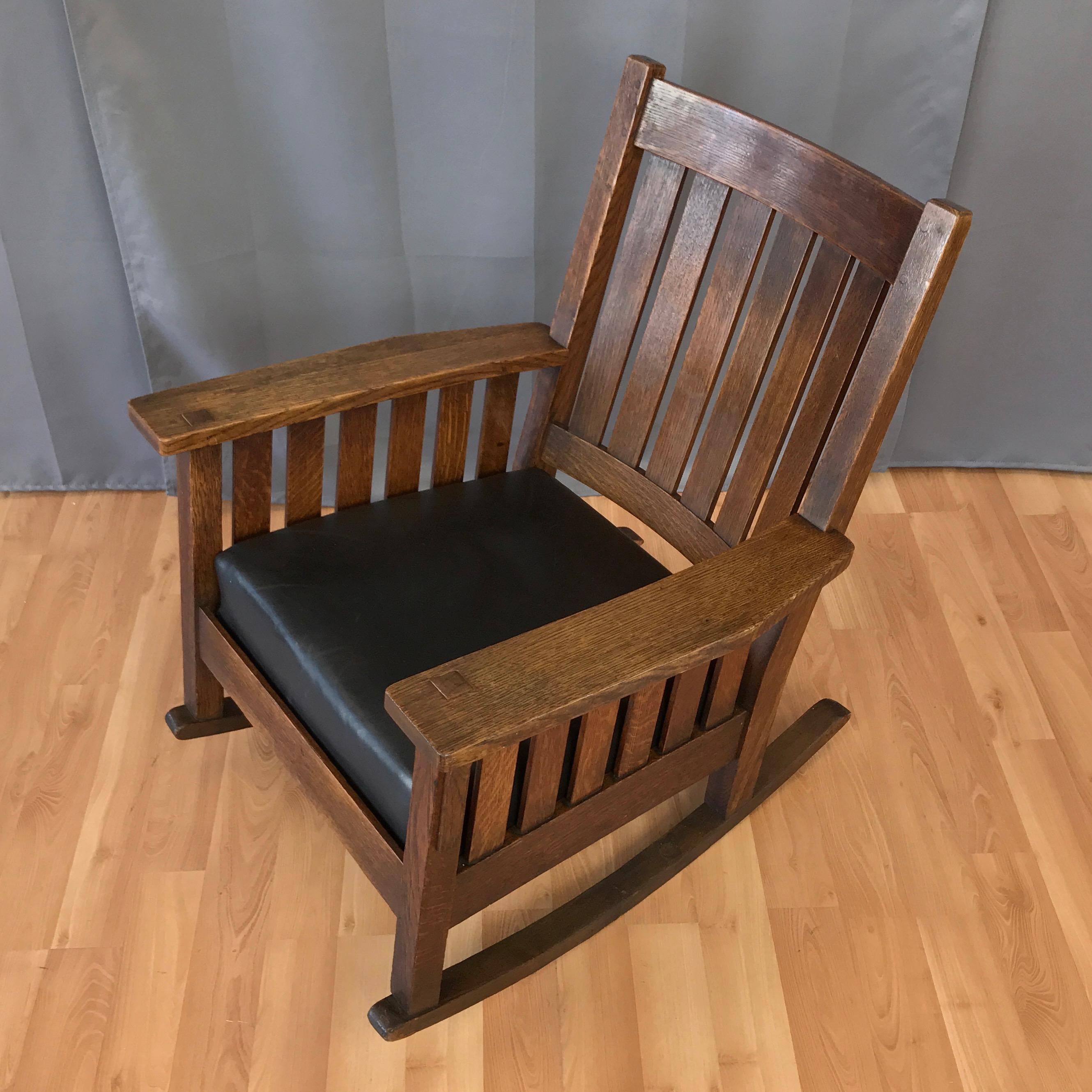 L. & J.G. Stickley Arts & Crafts Oak and Leather Rocker, circa 1920s In Good Condition In San Francisco, CA