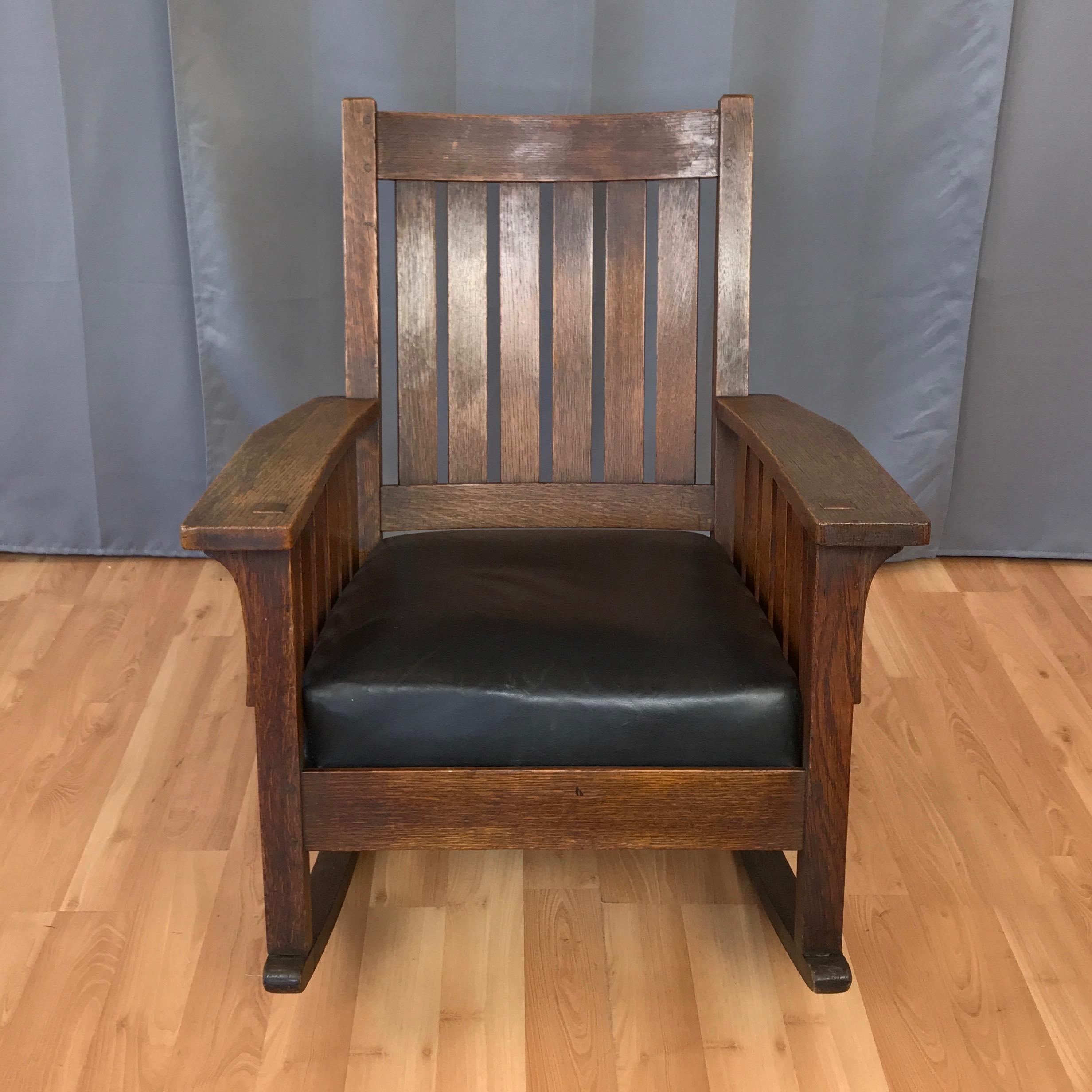 Early 20th Century L. & J.G. Stickley Arts & Crafts Oak and Leather Rocker, circa 1920s