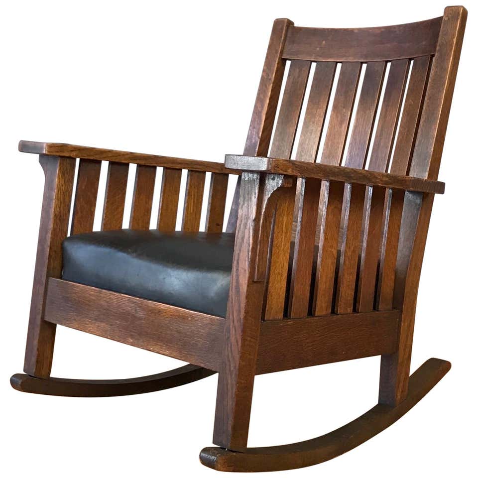 L. and J.G. Stickley Arts and Crafts Oak and Leather Rocker, circa ...