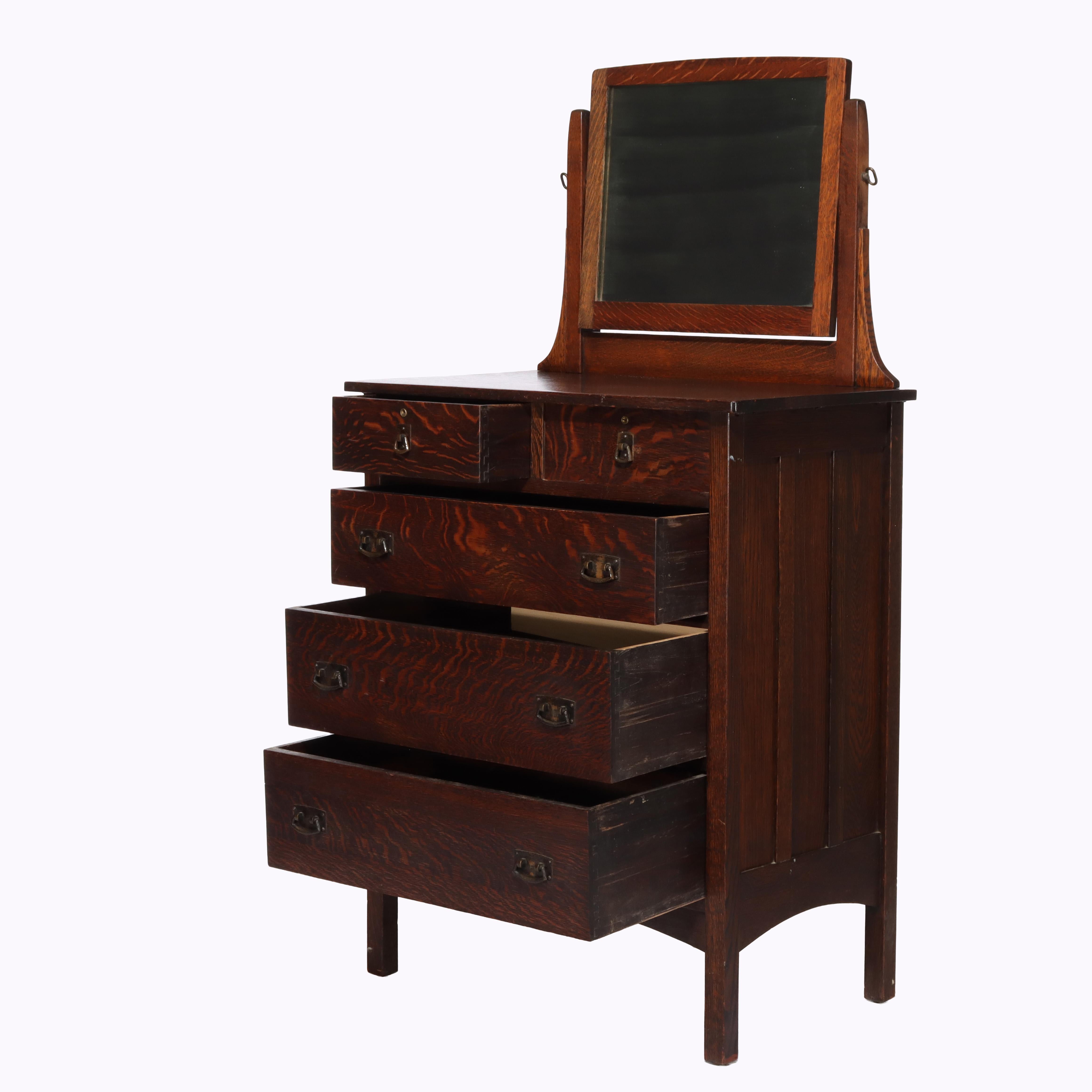 ***Reduced In-House Delivery Rates - Click on “Ask Seller” to Request a Quote***
L & JG Stickley Mission Oak 4 Drawer Chest With Mirror C1910.     
Measures - 64.75