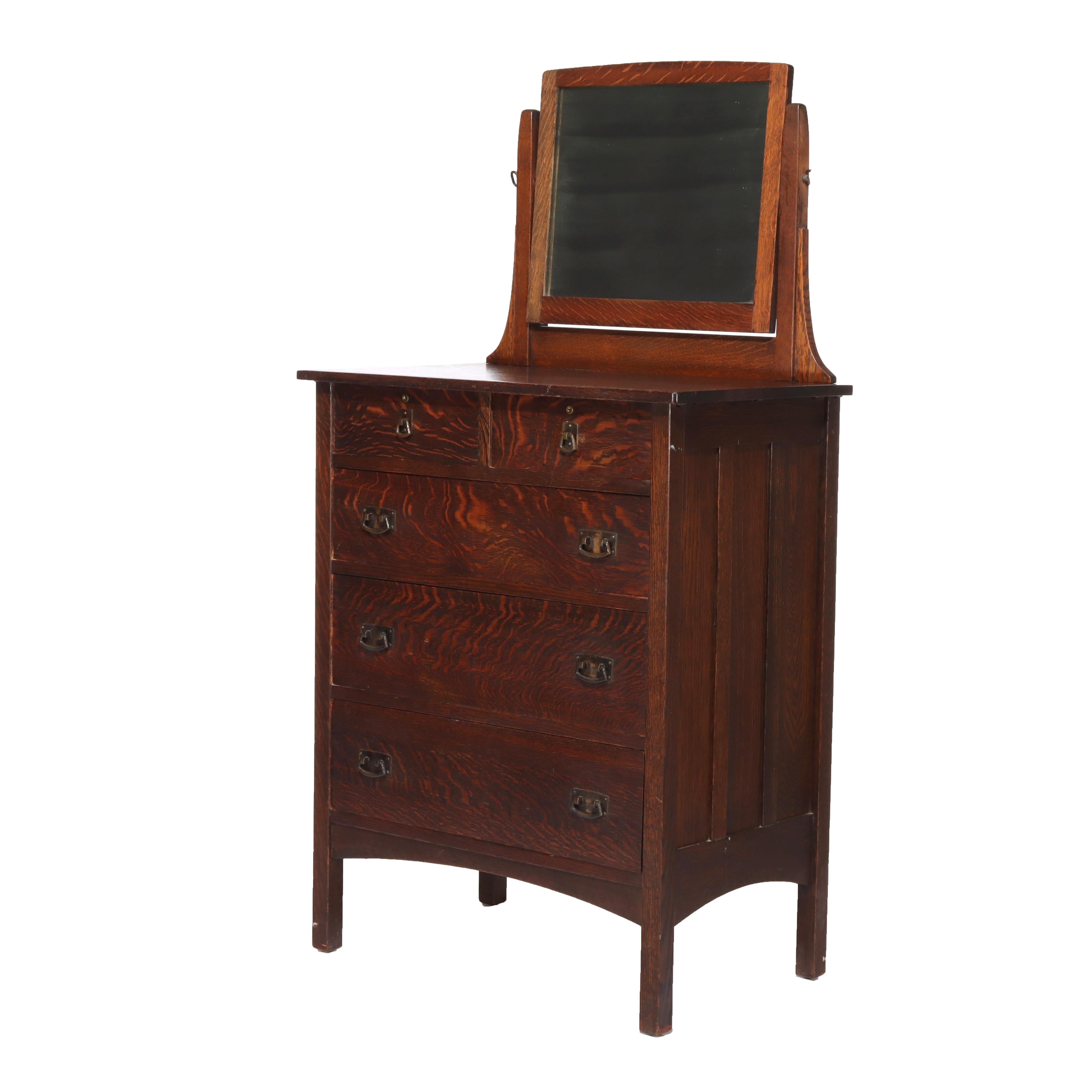 L & JG Stickley Mission Oak 4 Drawer Chest With Mirror Unsigned C1910 For Sale 1