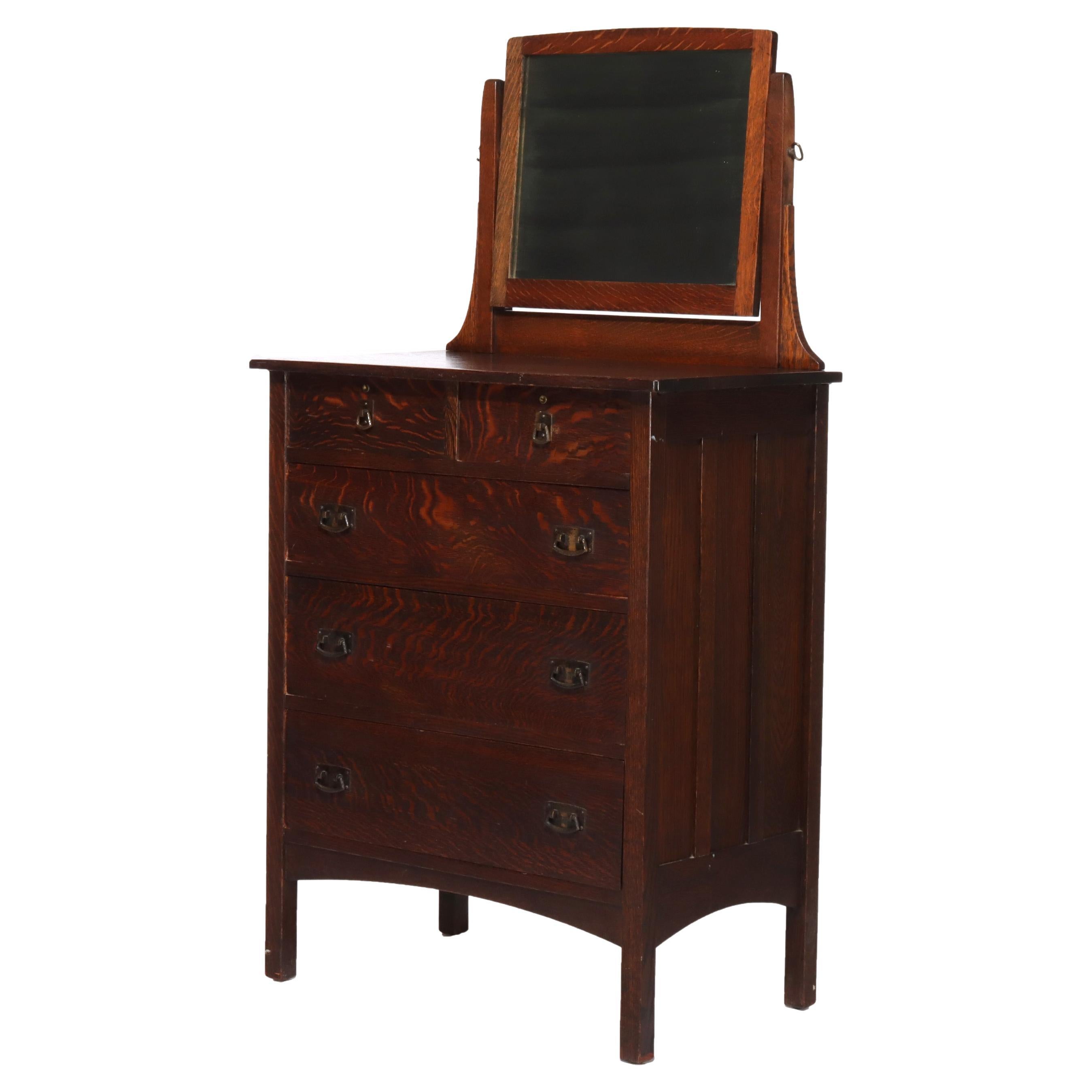 L & JG Stickley Mission Oak 4 Drawer Chest With Mirror Unsigned C1910 For Sale