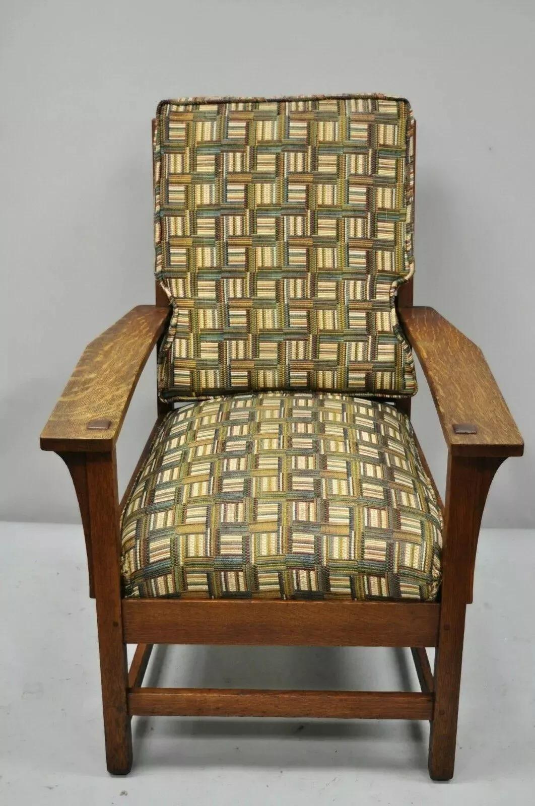 Antique L & JG Stickley Mission Oak Arts & Crafts Lounge Arm Chair Spring Seat Cushion. Item features a drop spring seat cushion, ladder back, solid wood construction, beautiful wood grain, very nice antique item, quality American craftsmanship.