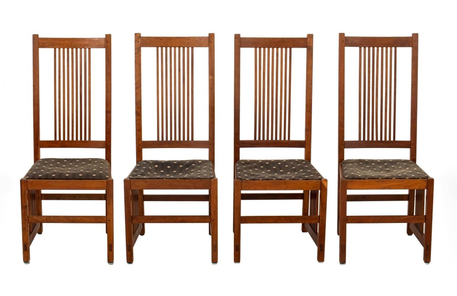 Set of Six Leopold and John George Stickley Oak Dining Chairs, comprising: two armchairs and four side chairs with black and white fabric covered seats and spindle backs, each branded  