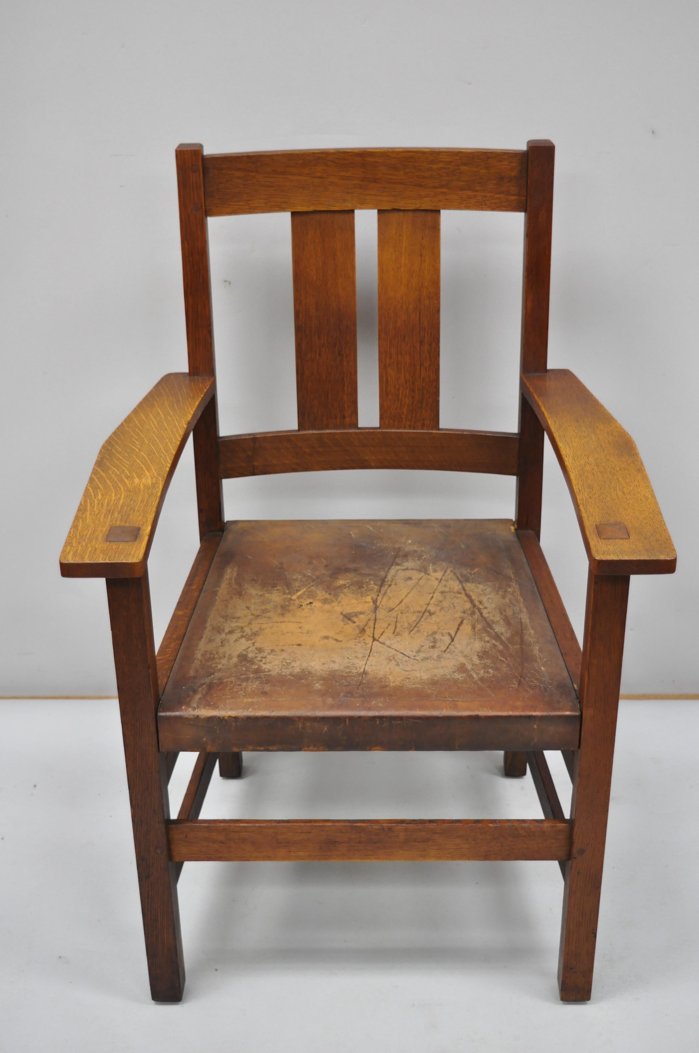 L & J.G. Stickley Oak Mission Arts & Crafts Dining Armchair Leather Seat 6