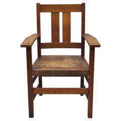 L & J.G. Stickley Oak Mission Arts & Crafts Dining Armchair Siège en cuir