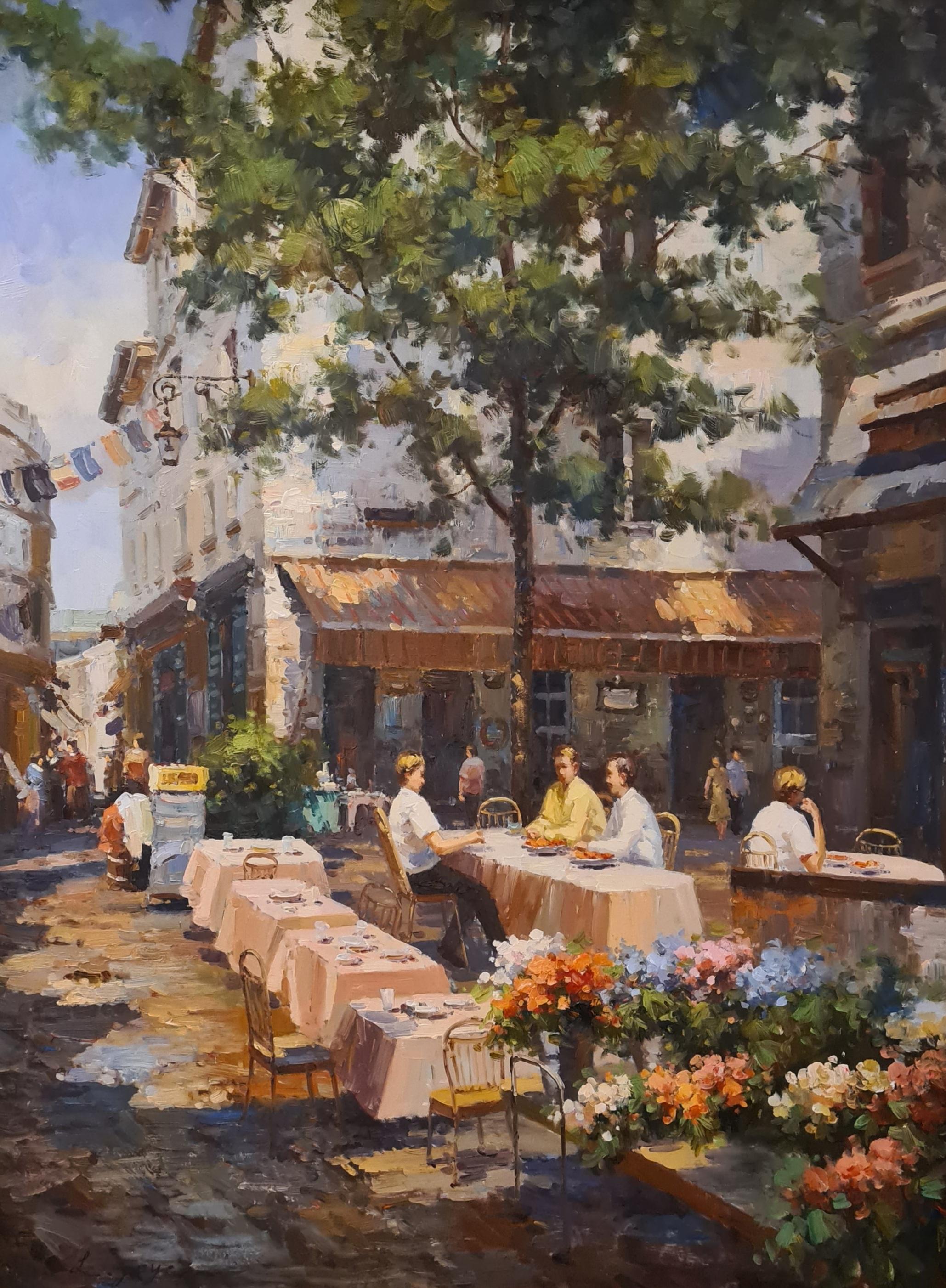 Le Café , Large Scale Parisian Café Terrace Scene - Brown Figurative Painting by L Joyce