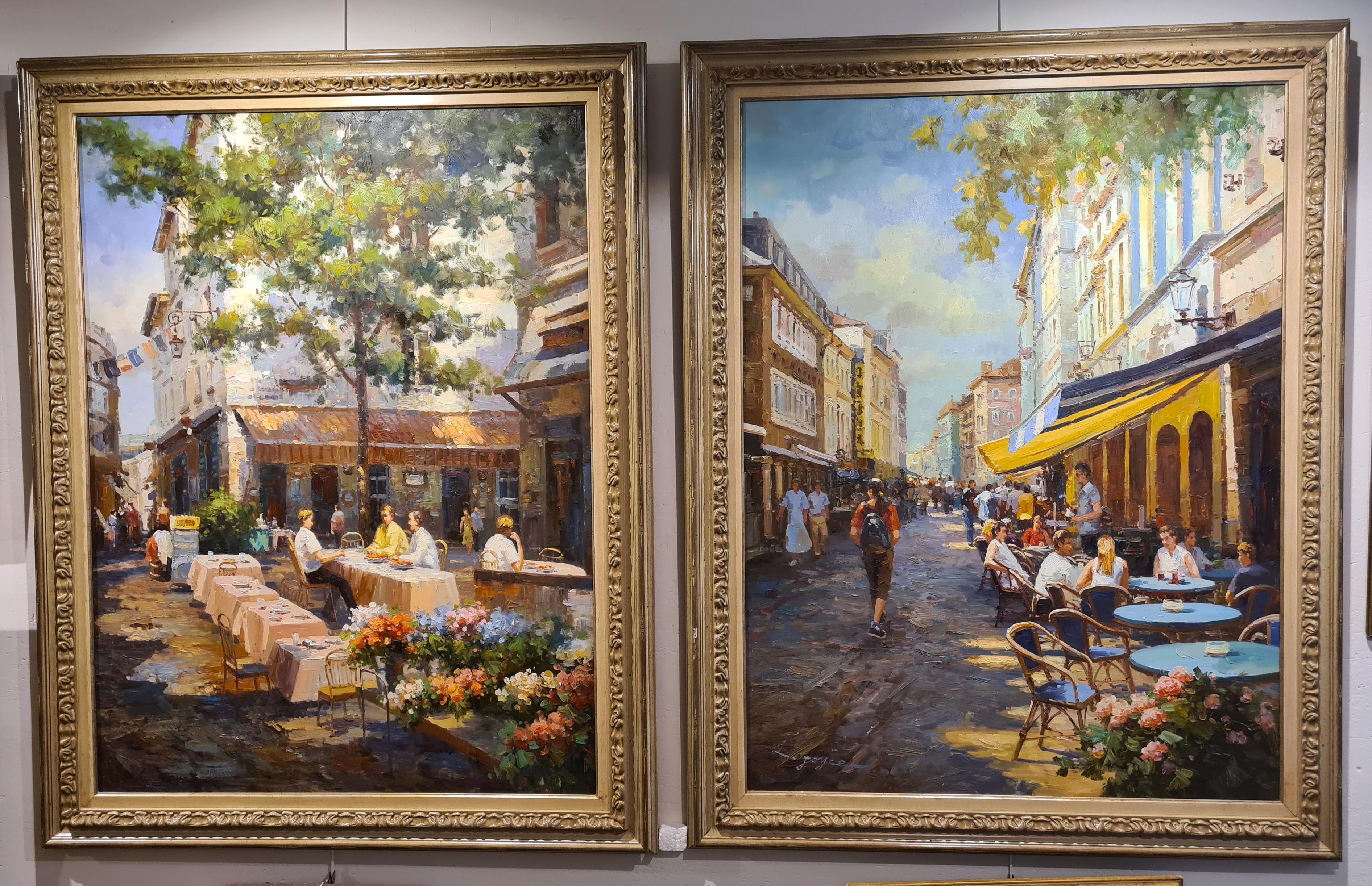 Late 20th Century large oil on canvas view of a Parisian café by L Joyce. Signed bottom left, presented in patinated moulded frame. This painting is one of a pair and the other is available separately here on 1stDibs.

A bright and colourful