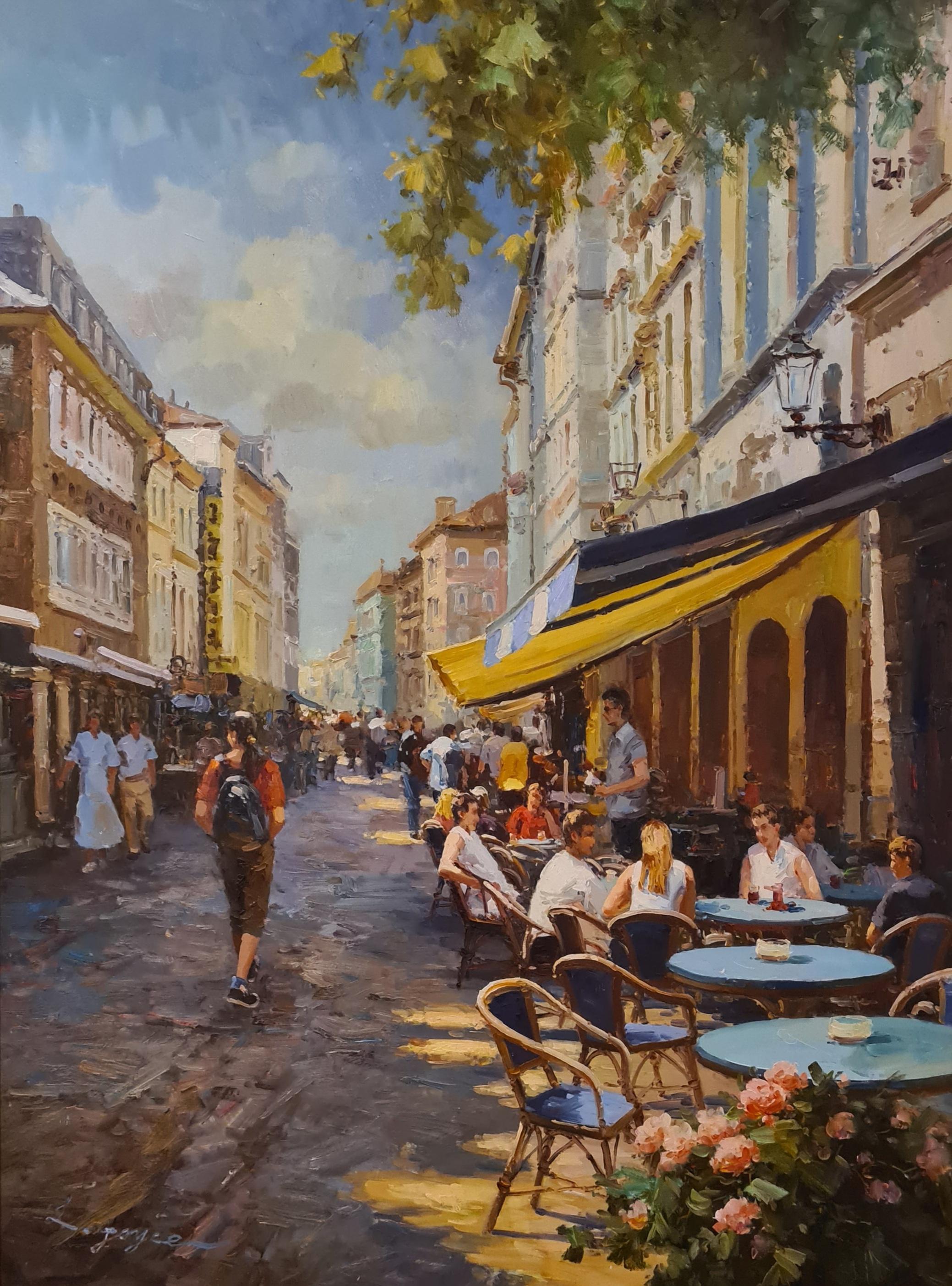 Les Ruelles de Paris, Large Scale Oil Painting of a Parisian Café Street Scene - Brown Figurative Painting by L Joyce