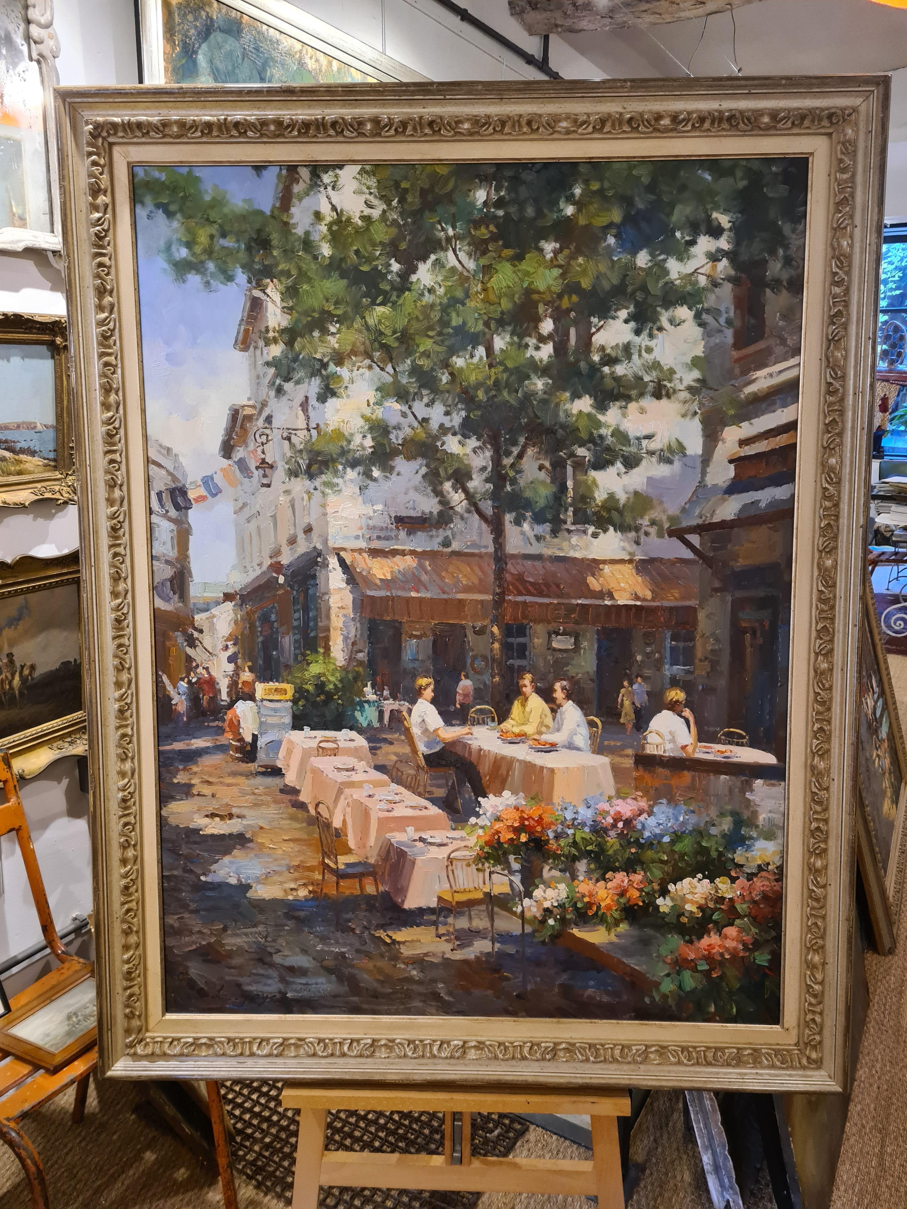 The Cafés of Paris, Pair of Large Oil on Canvas Iconic Street Views of France - Painting by L Joyce