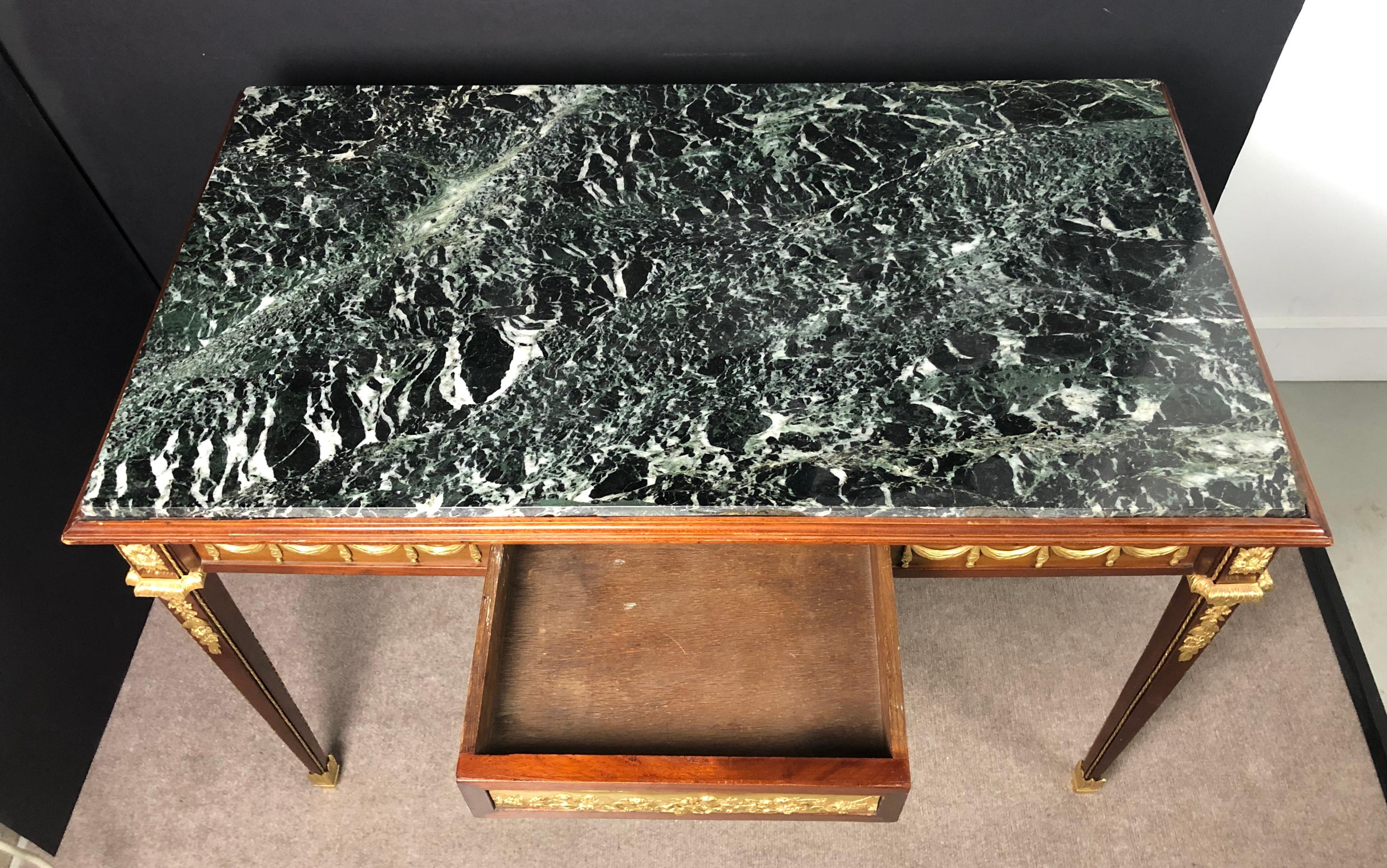 Gold Plate Signed Louis XVI Green Marble-Top Doré Bronze Mounted Desk