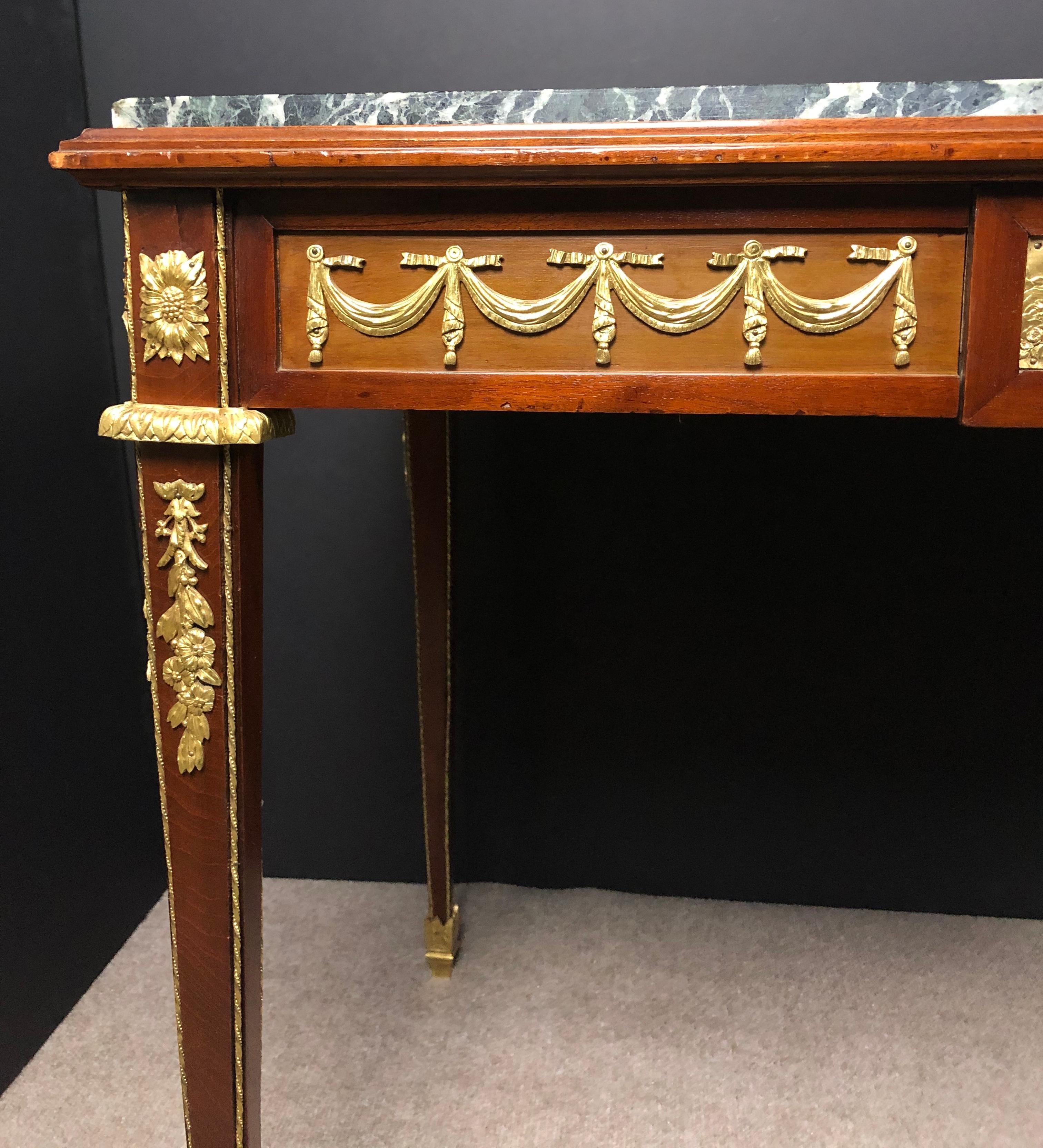 French Signed Louis XVI Green Marble-Top Doré Bronze Mounted Desk
