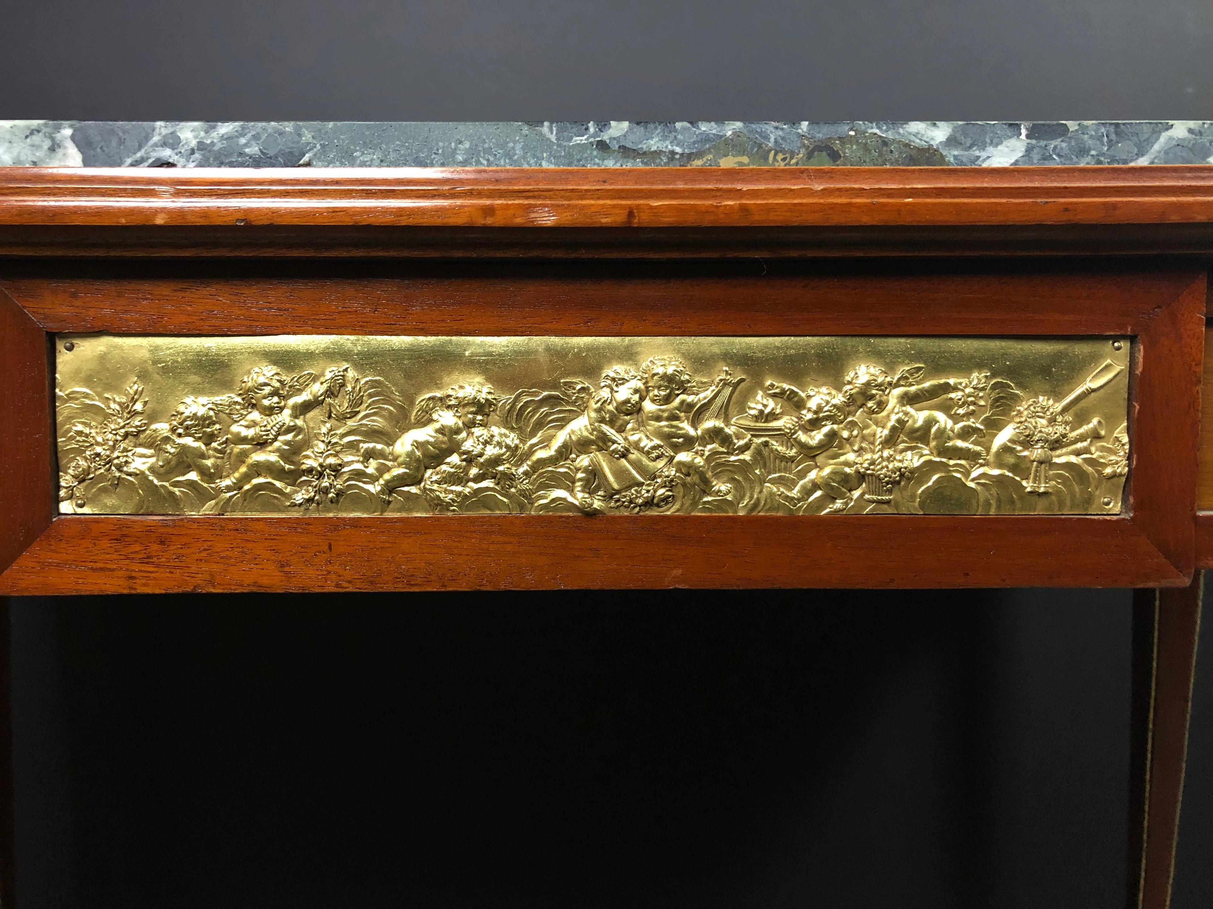 Cast Signed Louis XVI Green Marble-Top Doré Bronze Mounted Desk