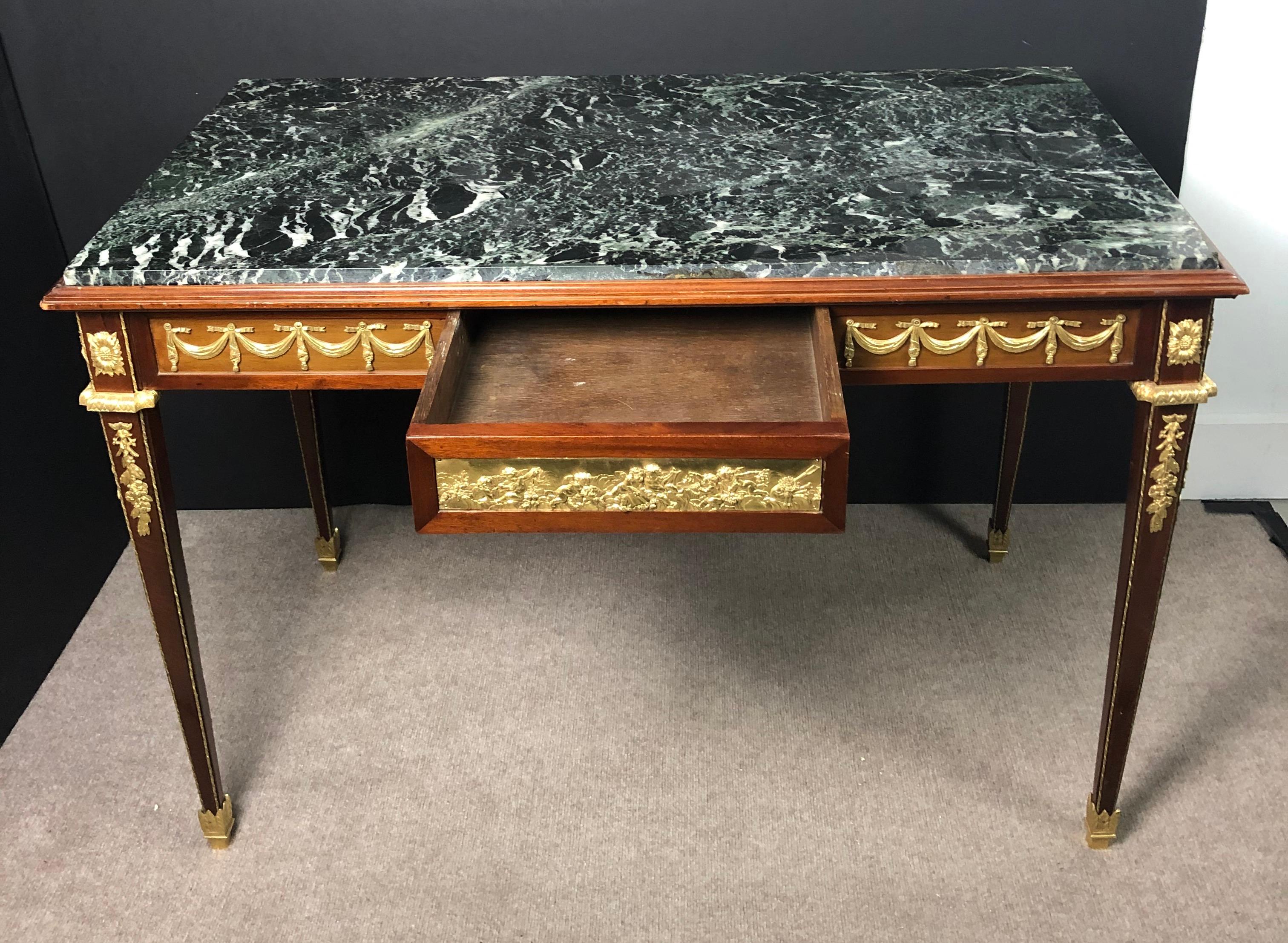 19th Century Signed Louis XVI Green Marble-Top Doré Bronze Mounted Desk