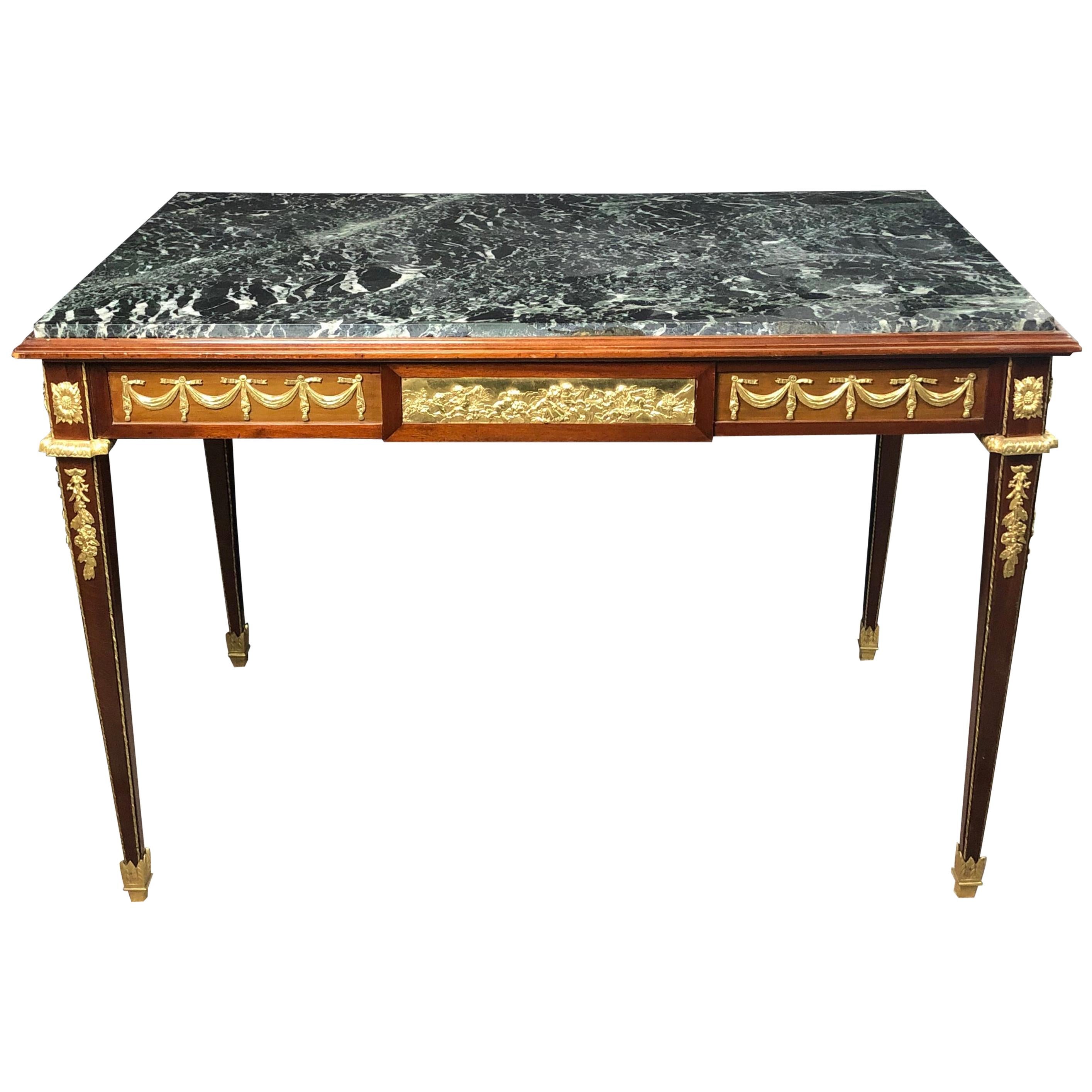 Signed Louis XVI Green Marble-Top Doré Bronze Mounted Desk