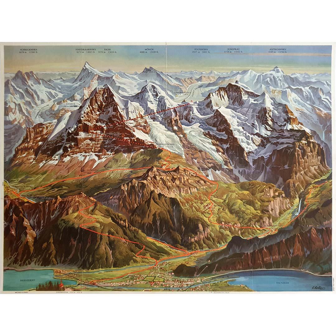 Original illustrierte Karte „Carte des Montagnes Suisses“ aus dem Jahr 1950