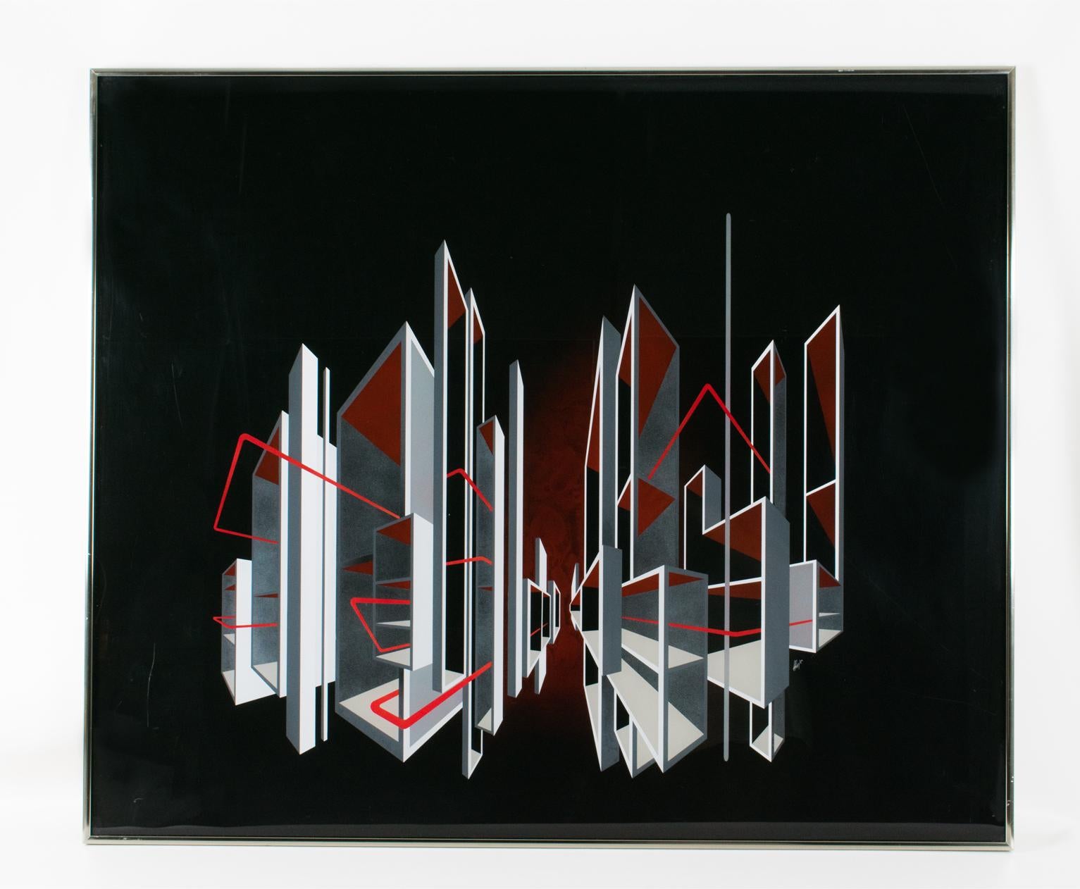 Cityscape Kinetic Optical Op Art Painting on Plexiglass by L.L. Long For Sale 9