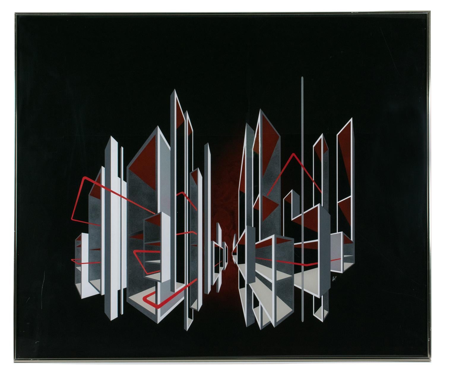 Cityscape Kinetic Optical Op Art Painting on Plexiglass by L.L. Long For Sale 12
