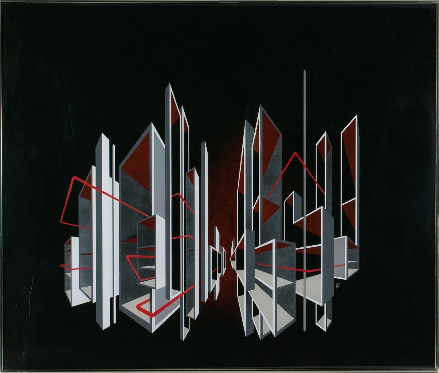 A striking composition created by American artist L. L. Long and dated 1980. The artwork features a kinetic optical Op Art geometric cityscape design using reverse spray paint on a Lucite or Plexiglass board. The composition incorporates contrasted