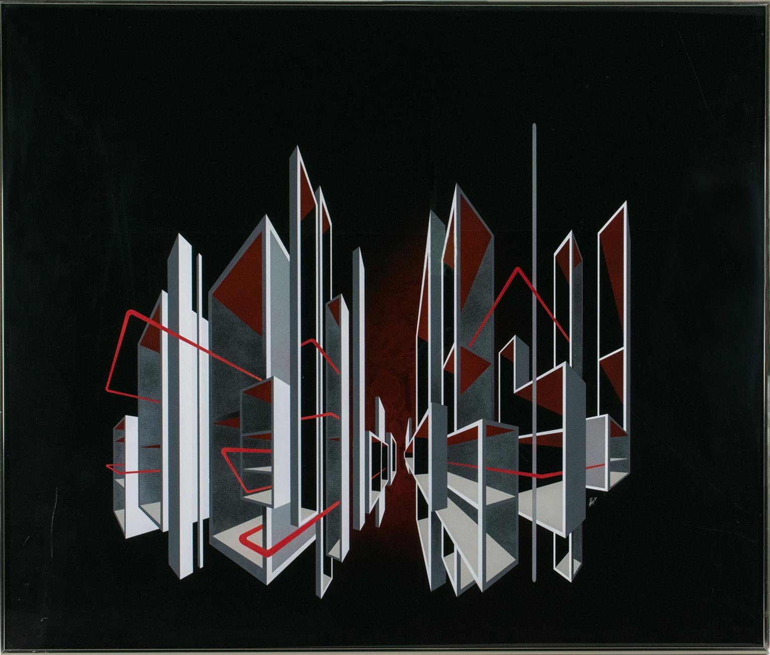 Pittura ottica cinetica Cityscape Op Art su plexiglass di L.L. Lungo - Painting di L. L. Long