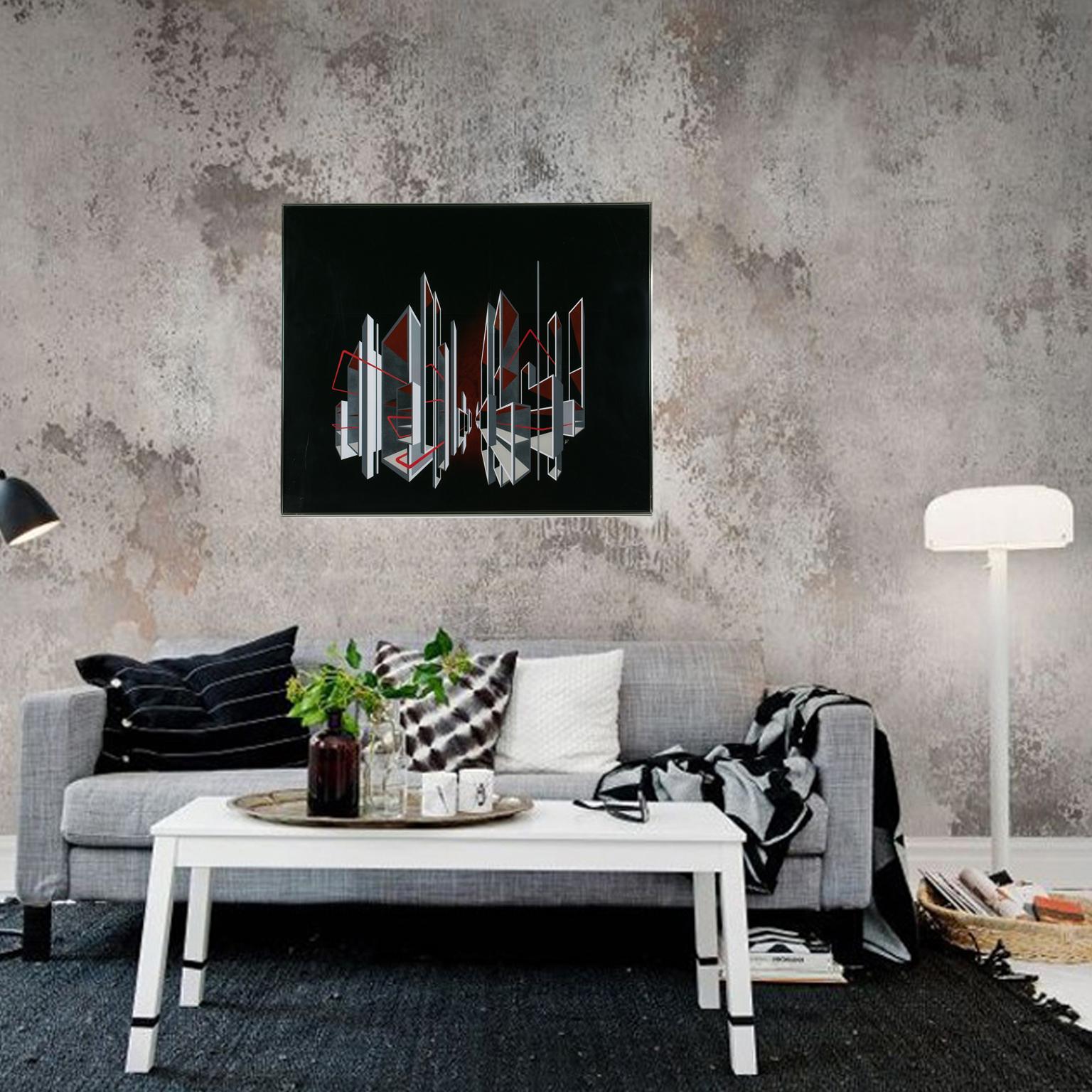 Eine eindrucksvolle Komposition des amerikanischen Künstlers L. L. Long aus dem Jahr 1980. Das Kunstwerk zeigt ein kinetisches, optisches, geometrisches Op-Art-Stadtbild, das mit Sprühfarbe auf eine Lucite- oder Plexiglasplatte aufgebracht wurde.