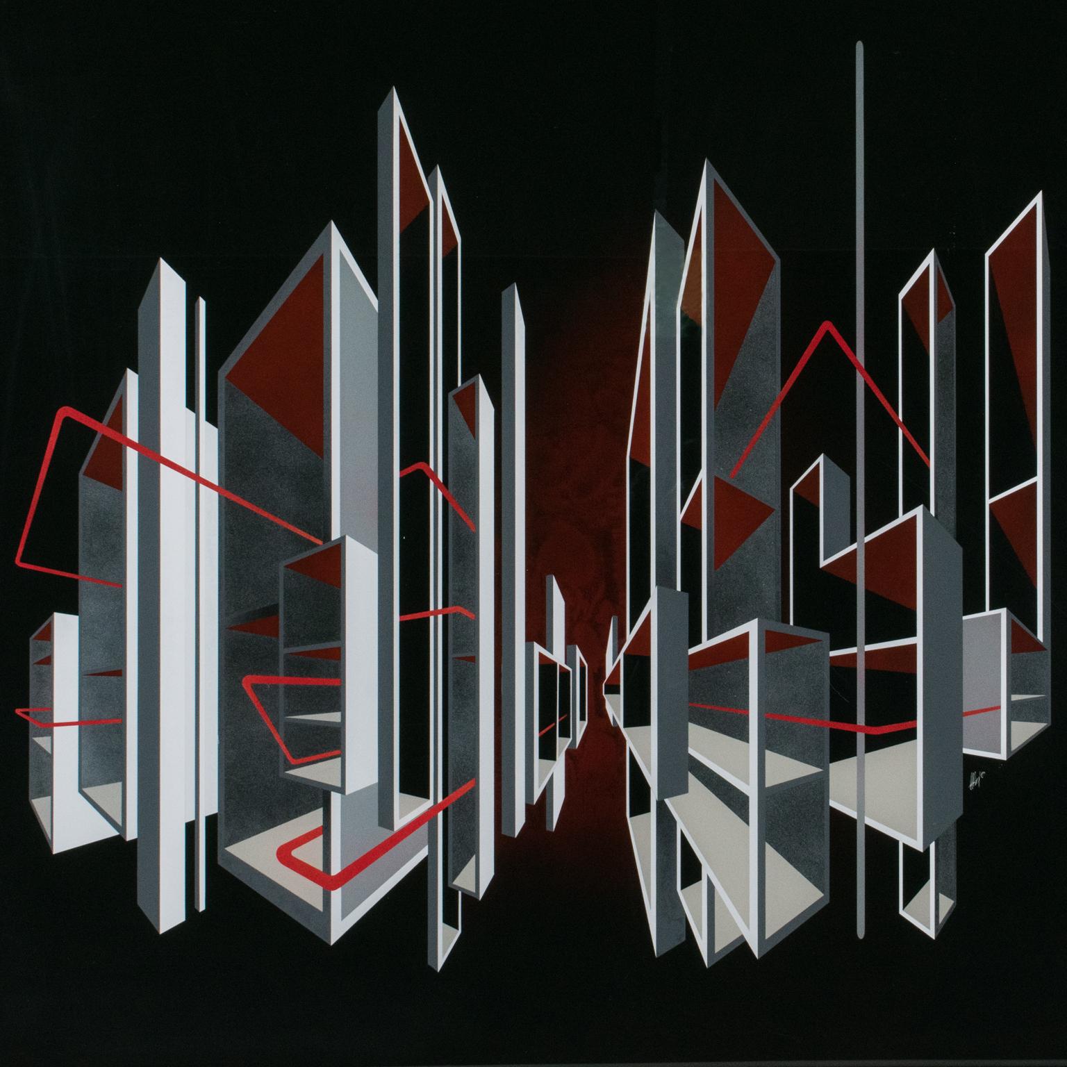 Cityscape Kinetic Optical Op Art Painting on Plexiglass by L.L. Long For Sale 5