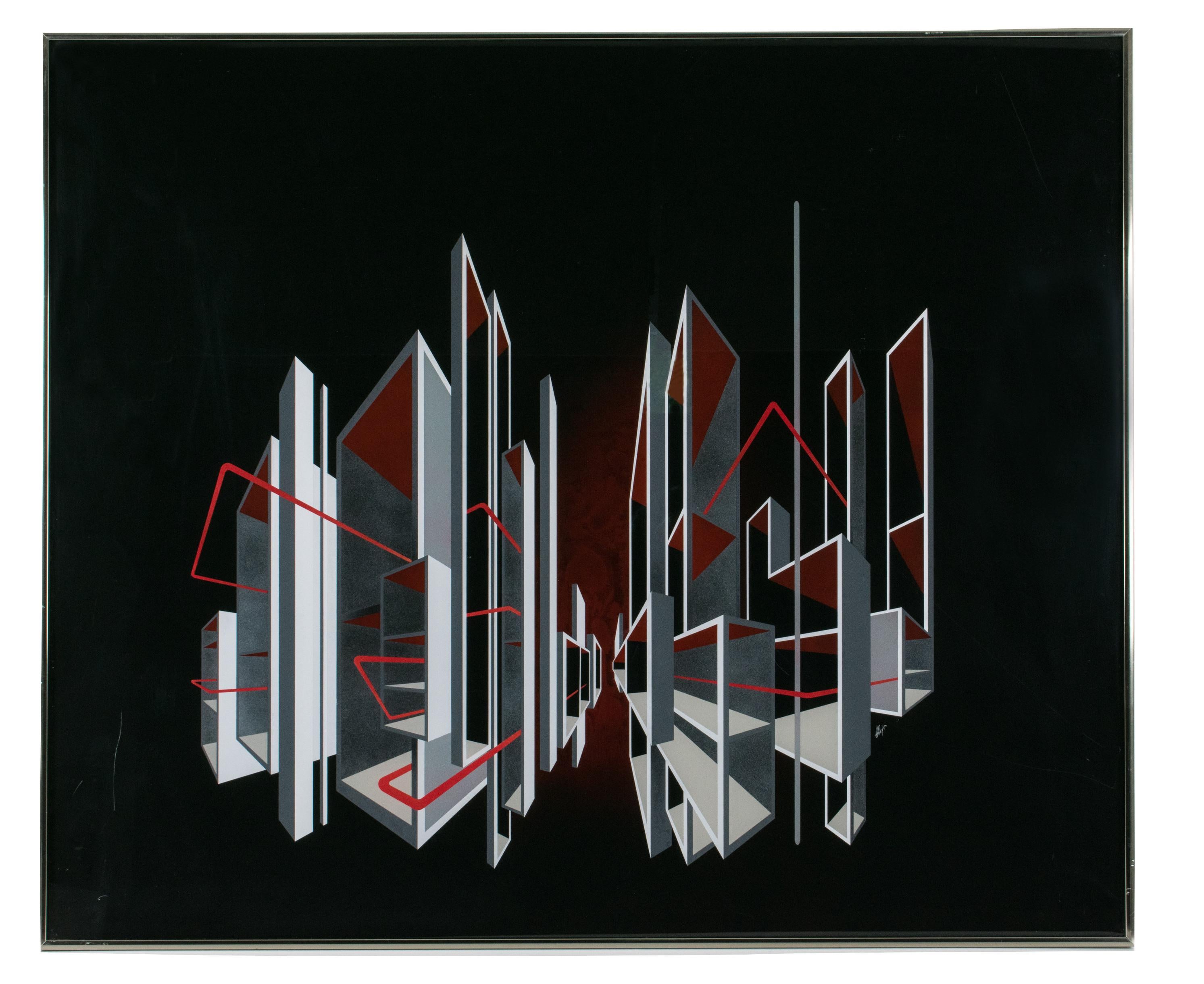 Peinture d'art optique cinétique de paysage urbain sur plexiglas de L.L. Longues
