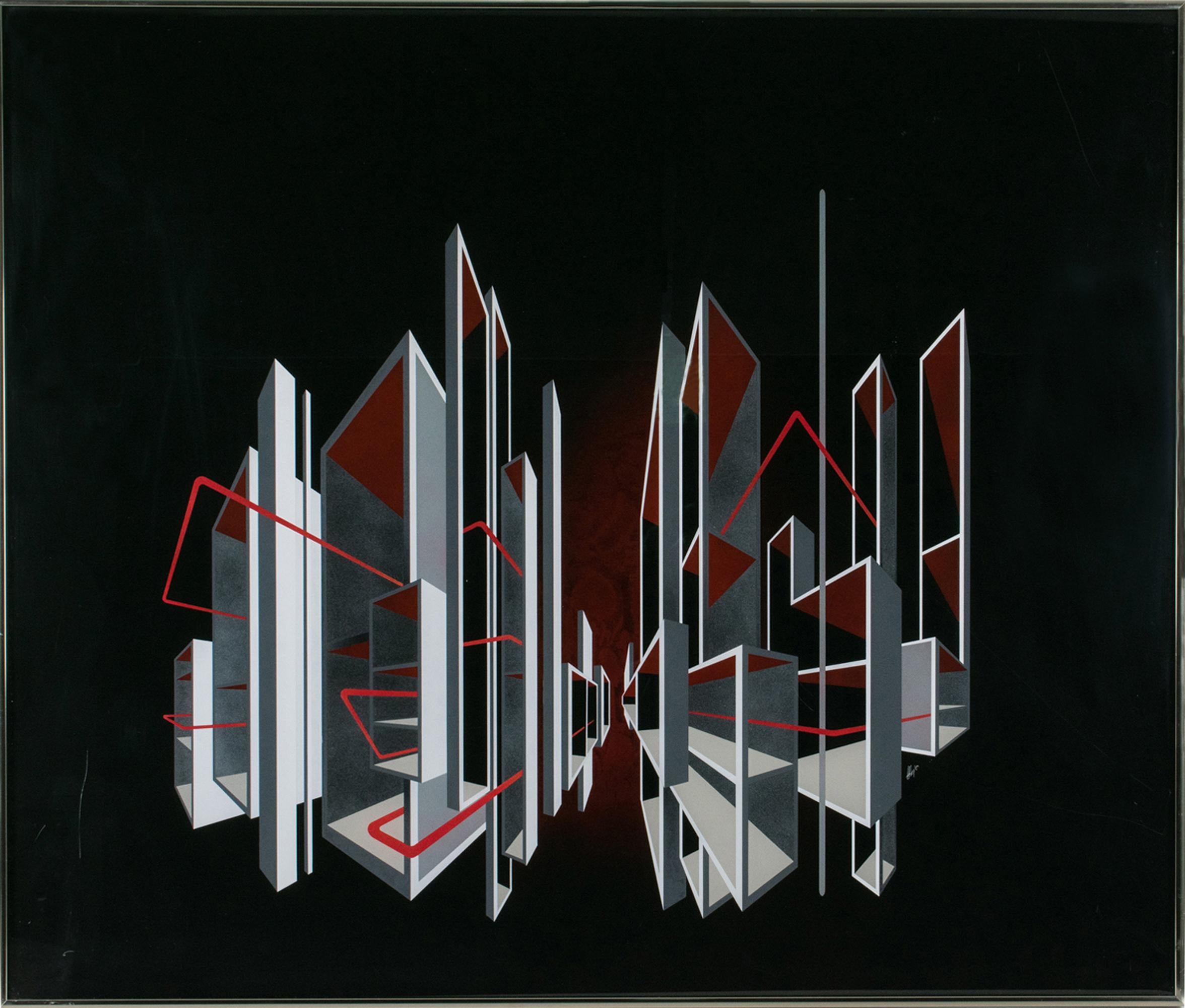 Abstract Painting de L. L. Long - Paisaje urbano Óptica cinética Pintura Op Art sobre plexiglás de L.L. Largo