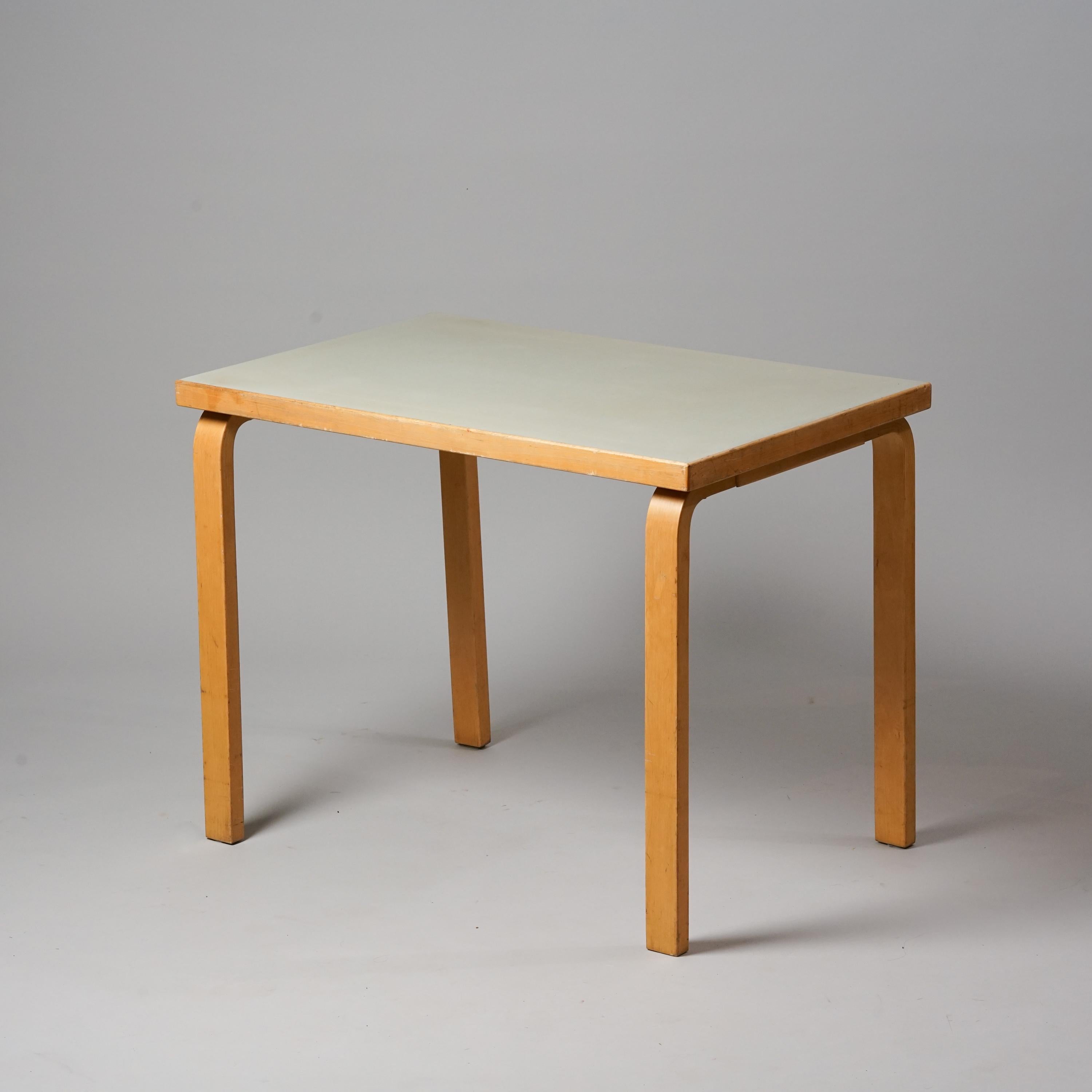 L-leg table, designed by Alvar Aalto, manufactured by Oy Huonekalu- ja Rakennustyötehdas Ab, 1950/1960s. Birch. Rare mint green color linoleum top. Good vintage condition, patina and minor wear consistent with age and use. 

Alvar Aalto (1898-1976)