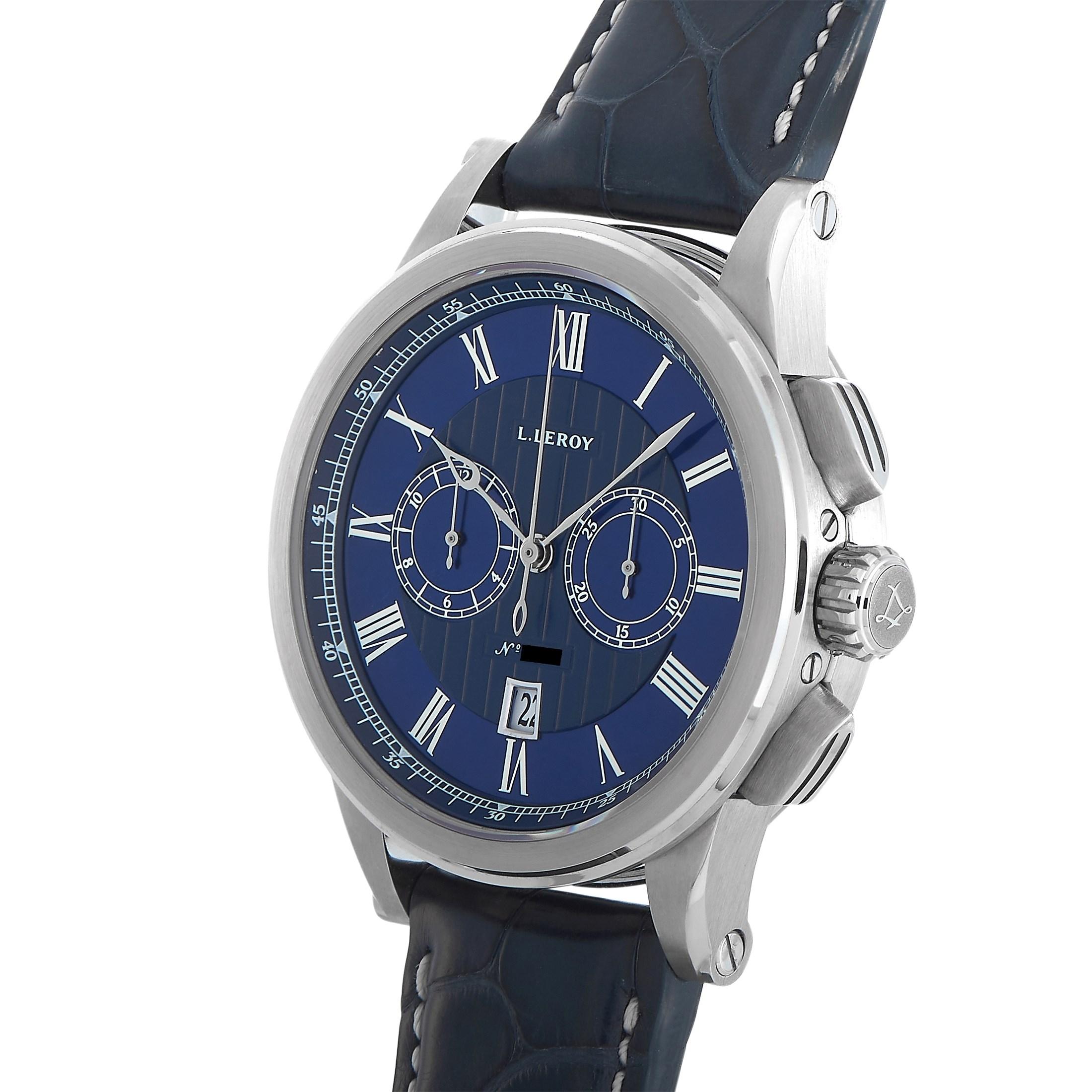 The L. Leroy 18K White Gold Marine Chronographe Blue Dial Men's Chronograph Watch LL202/3 features a 43mm white gold case that's 12.8mm thick. This self-winding watch has a 37-jewel automatic movement that offers a power reserve of 42 hours.