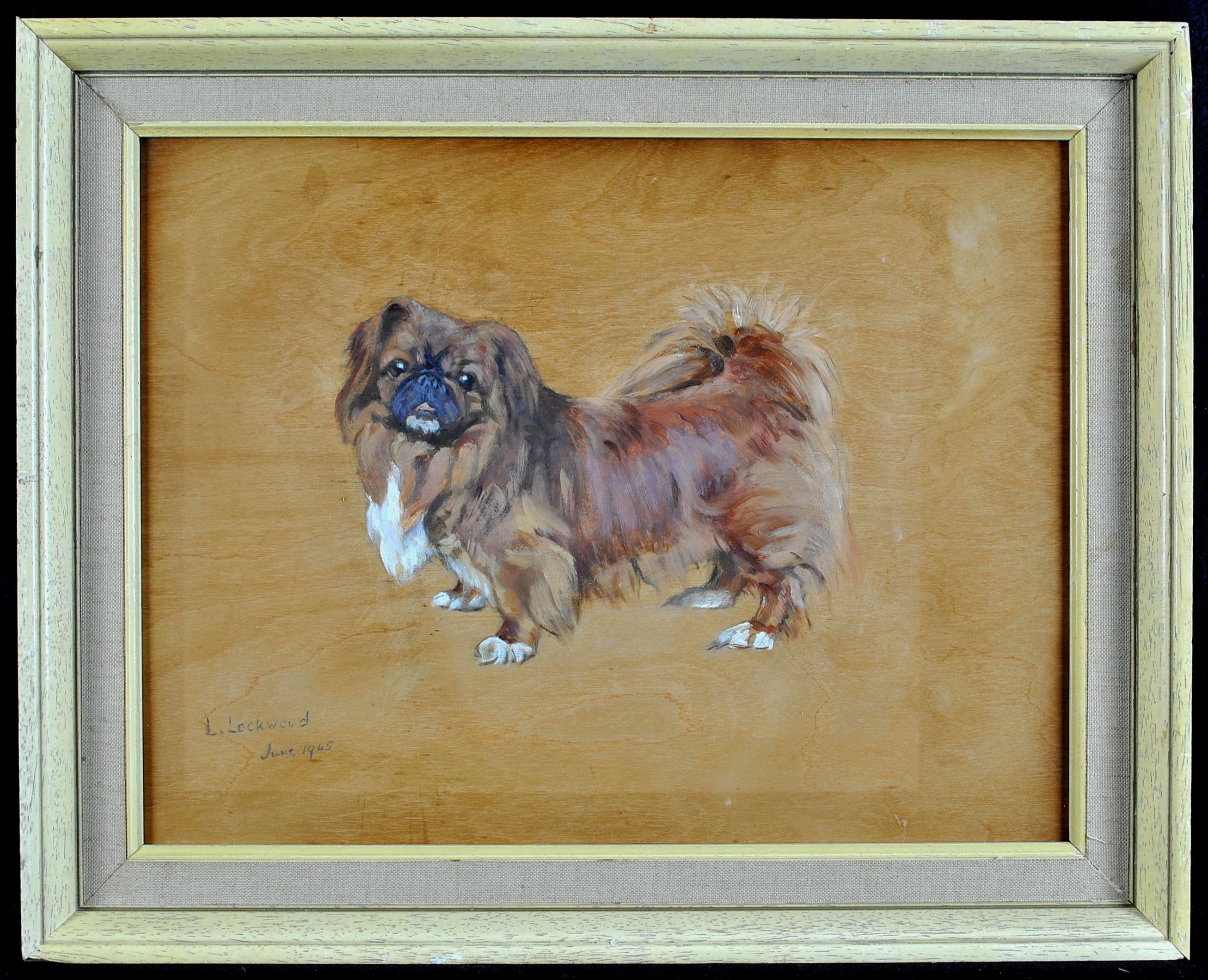 L. Lockwood Animal Painting - Portrait of a Pekingese - Mid 20th Century Oil on Panel Dog Painting