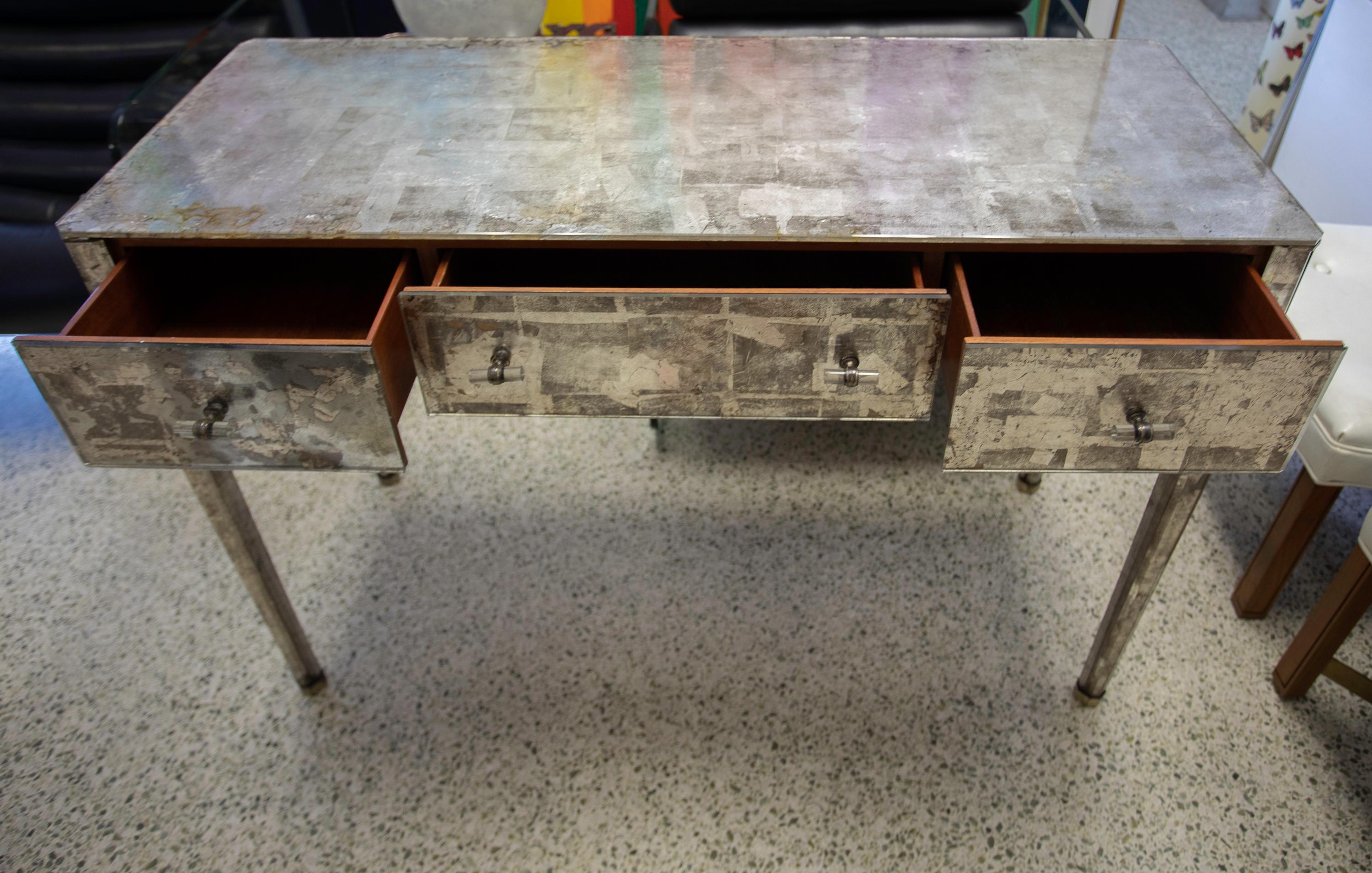 Mid-20th Century L. Marchand Eglomise Art Deco Mirrored Desk/Table/Vanity For Sale