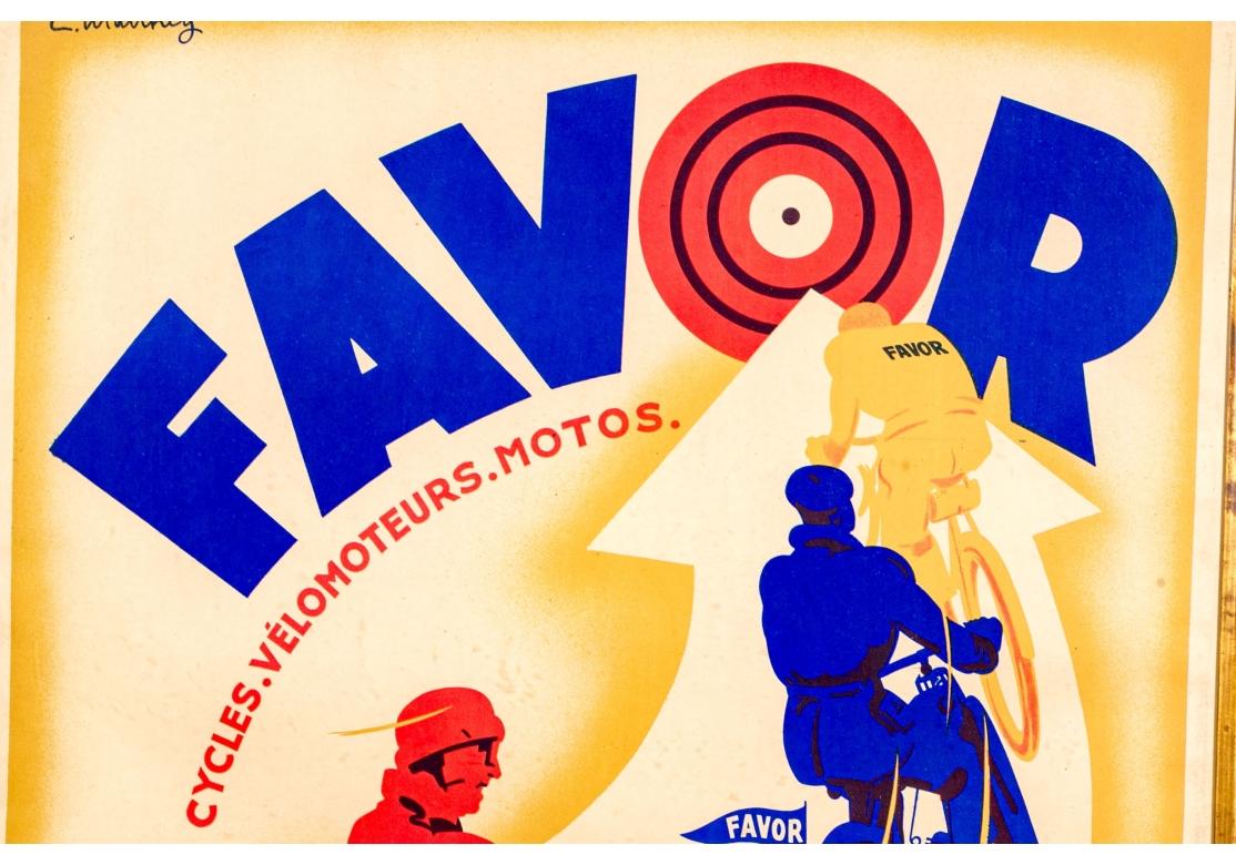 Original colorful vintage poster designed by L. Marthey, published by Delattre, Paris, depicting a motorcycle and two bicycles following along a curved arrow. Signed in plate (part of lithograph) upper left. Delattre Paris lower left. Circa