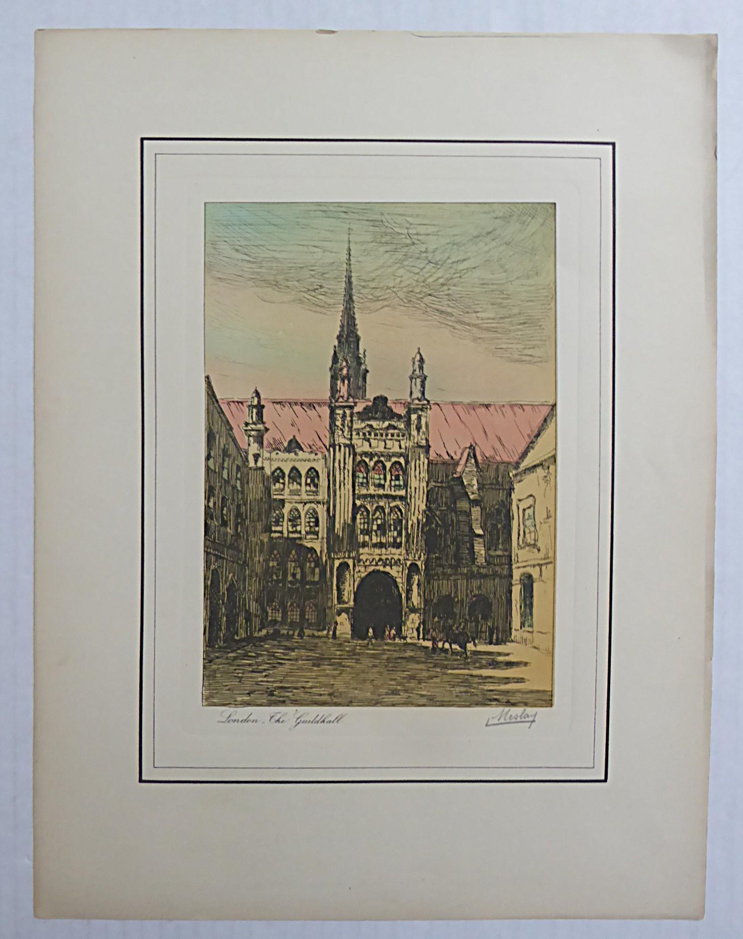 Fünf Radierungen von L. Meslay (Französisch) mit europäischen Stadtansichten aus dem frühen 20. Jahrhundert, wahrscheinlich 1920er Jahre.  Jeweils mit Ortsangabe und benanntem Gebäude.  Alle fünf signiert L. Meslay unten rechts, einige mit