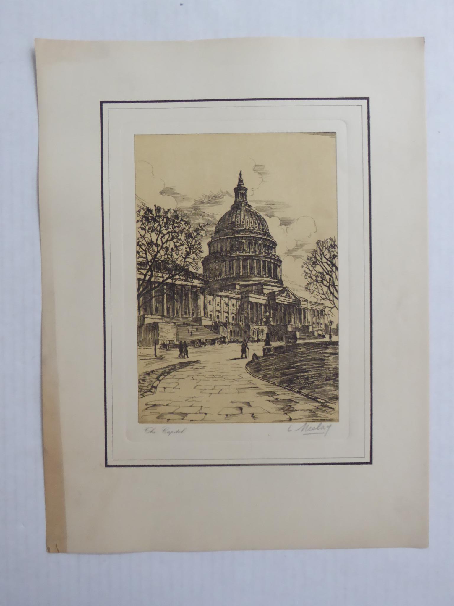 Autre L. Meslay Group 4 French Etchings early 20th C. New York City & Washington D.C. en vente