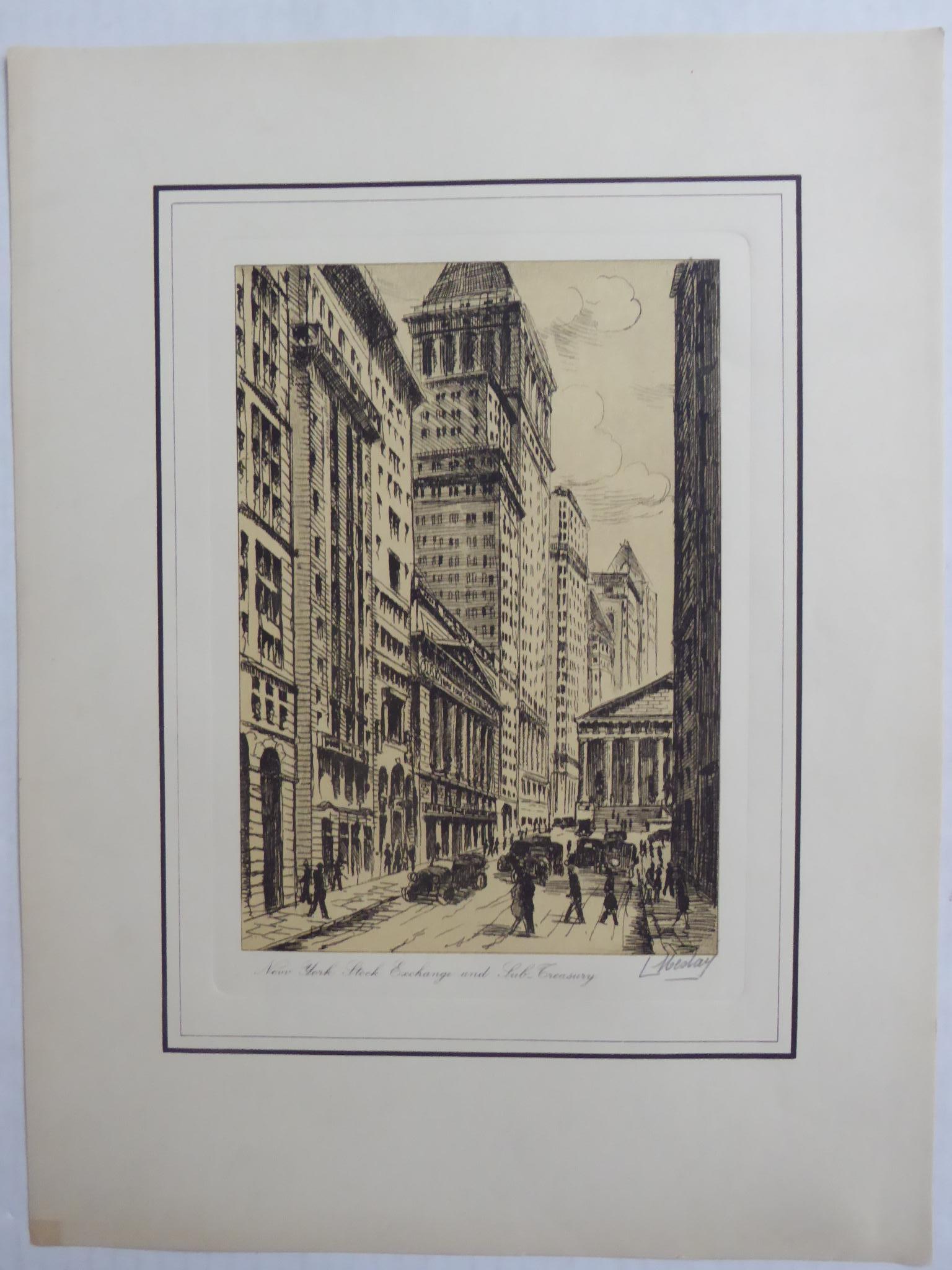 20ième siècle L. Meslay Group 4 French Etchings early 20th C. New York City & Washington D.C. en vente