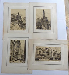 L. Meslay Group 4 French Etchings early 20th C. New York City & Washington D.C.