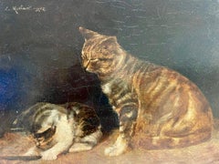 Cat & Kitten  1902 L. Molinot (Belgian) Two Cats playing oil painting on panel