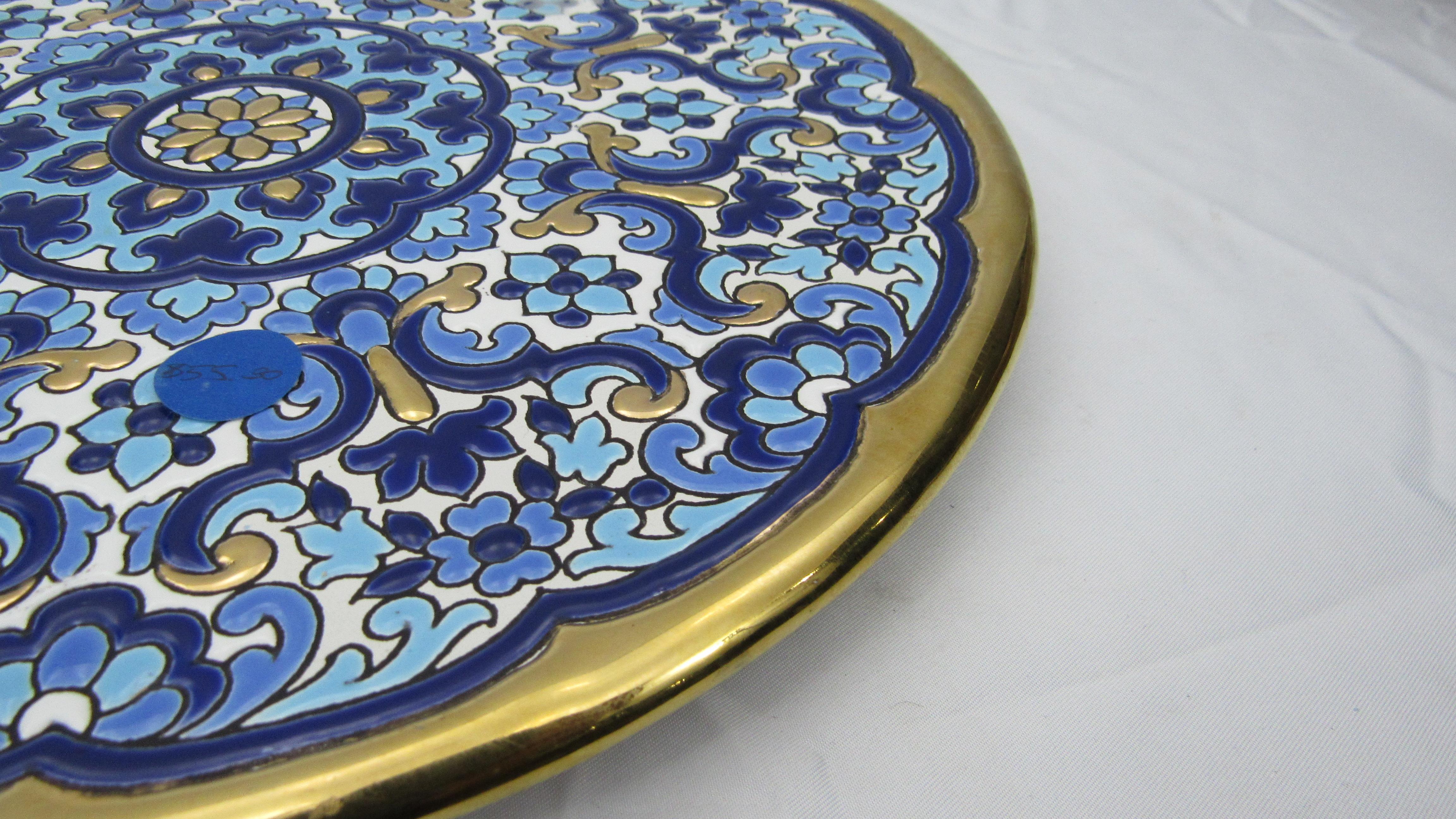 L Moreno Sevillarte enameled cake plate with 24-karat gold blue, measures: 11-1/2