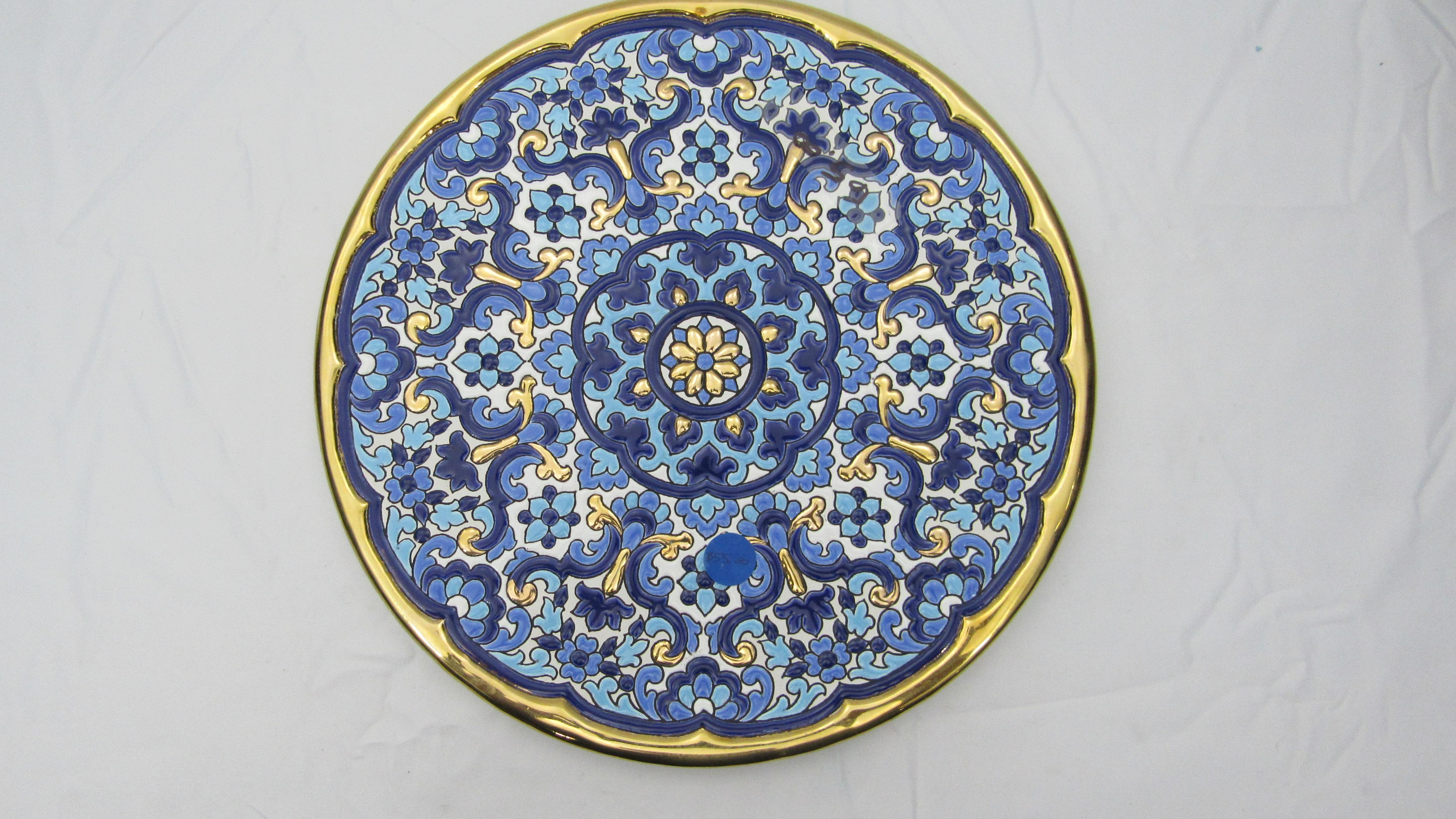 Spanish Colonial L Moreno Sevillarte Enameled Cake Plate with 24-Karat Gold Blue For Sale