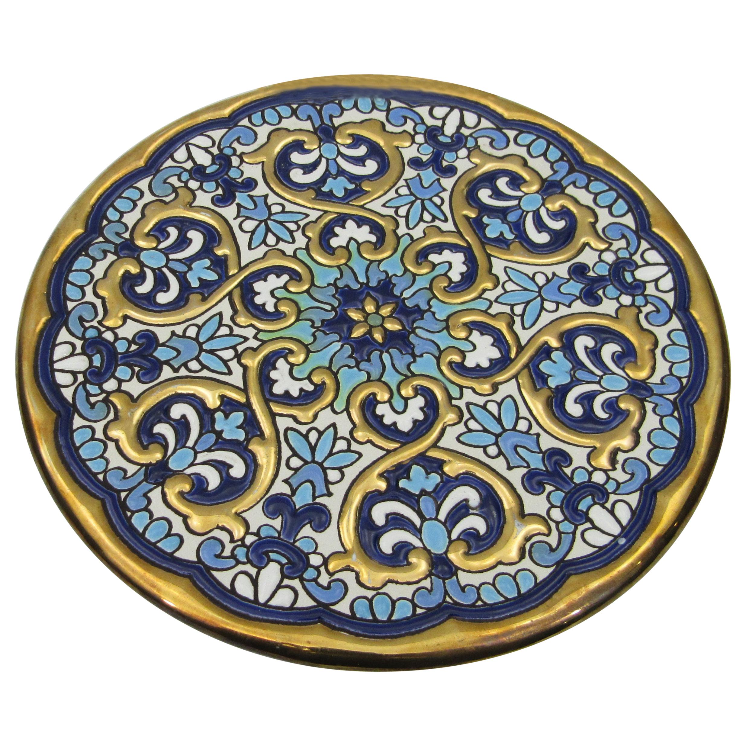 L Moreno Sevillarte Enameled Cake Plate with 24-Karat Gold Blue For Sale