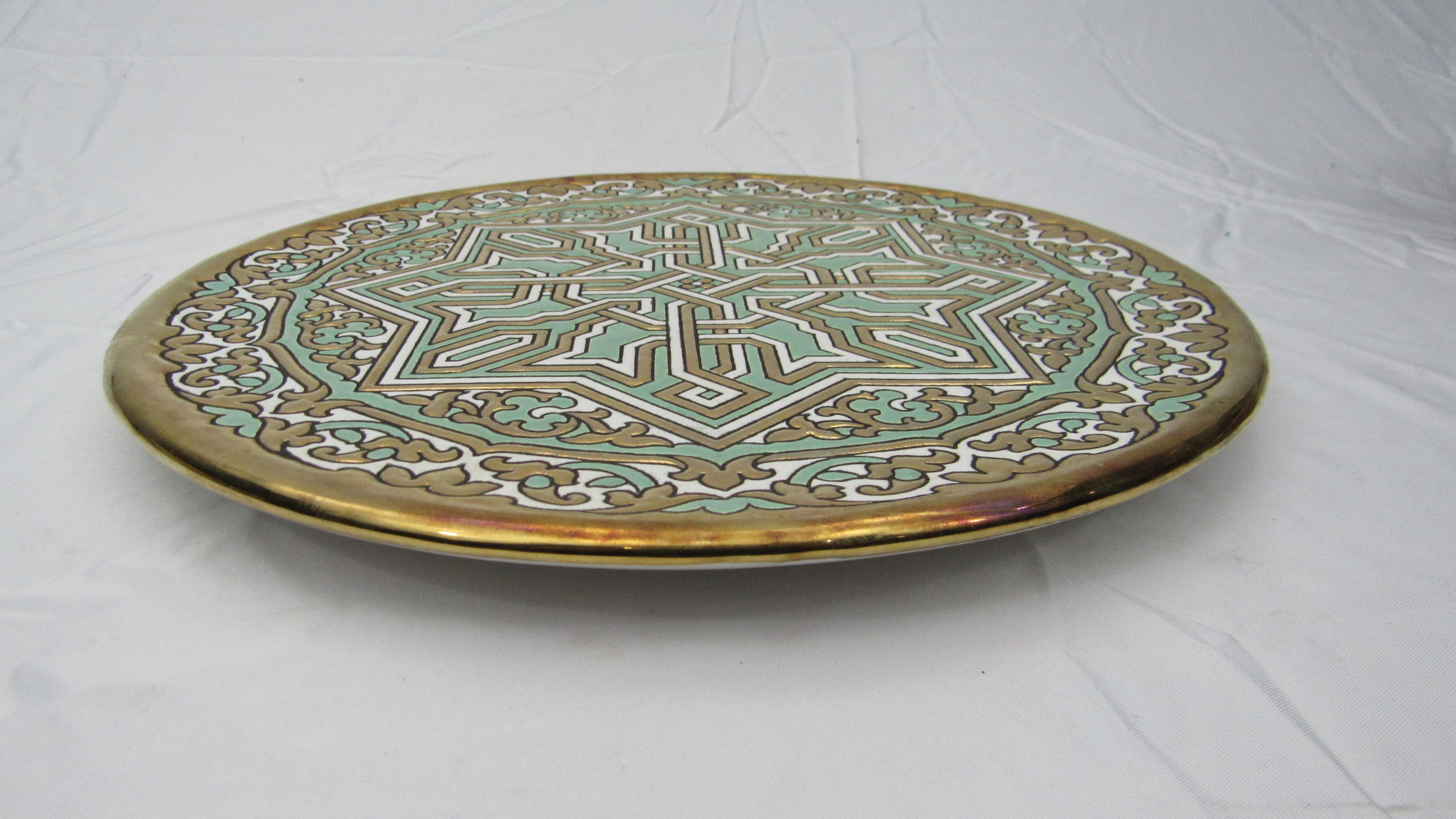 L Moreno Sevillarte enameled cake plate with 24-karat gold green white blue, measure: 11-1/2