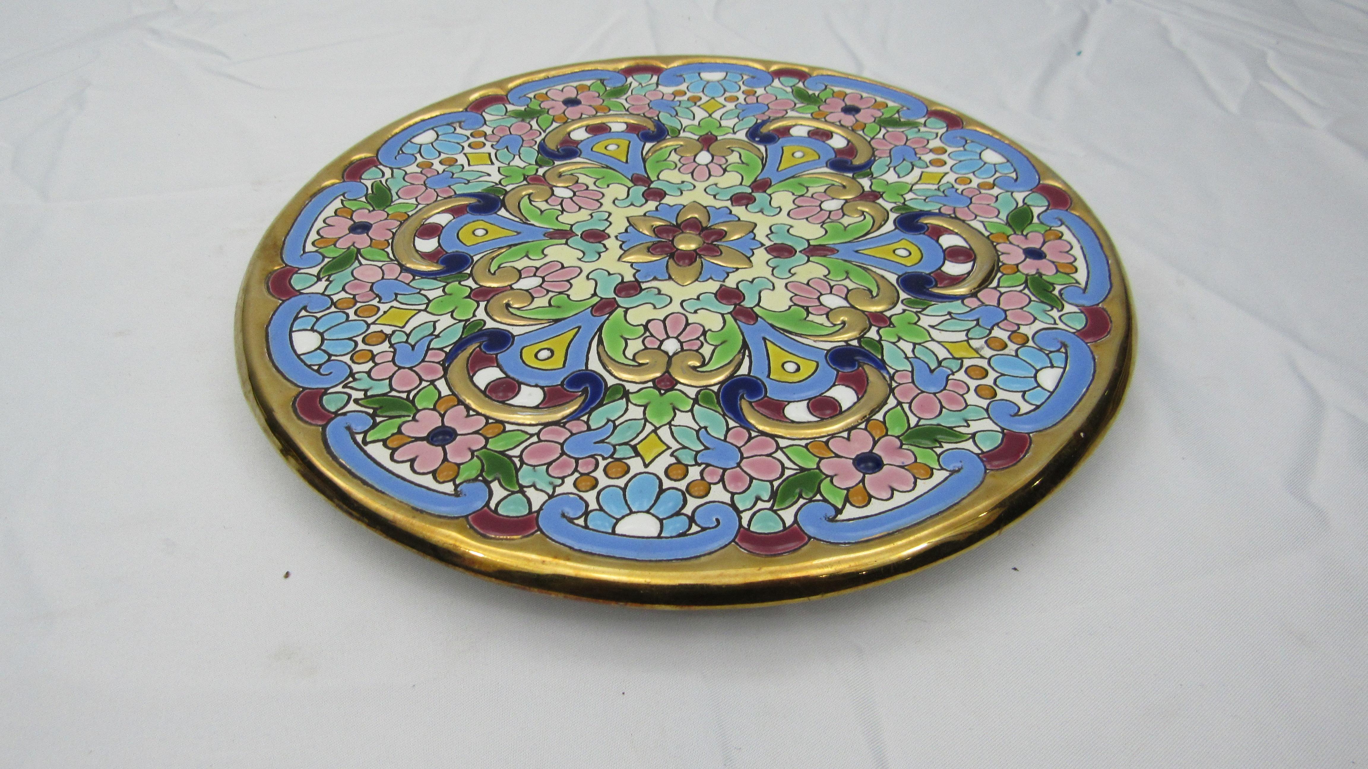 L Moreno Sevillarte enameled cake plate with 24 karat gold blue green pink gold. Measures: 9